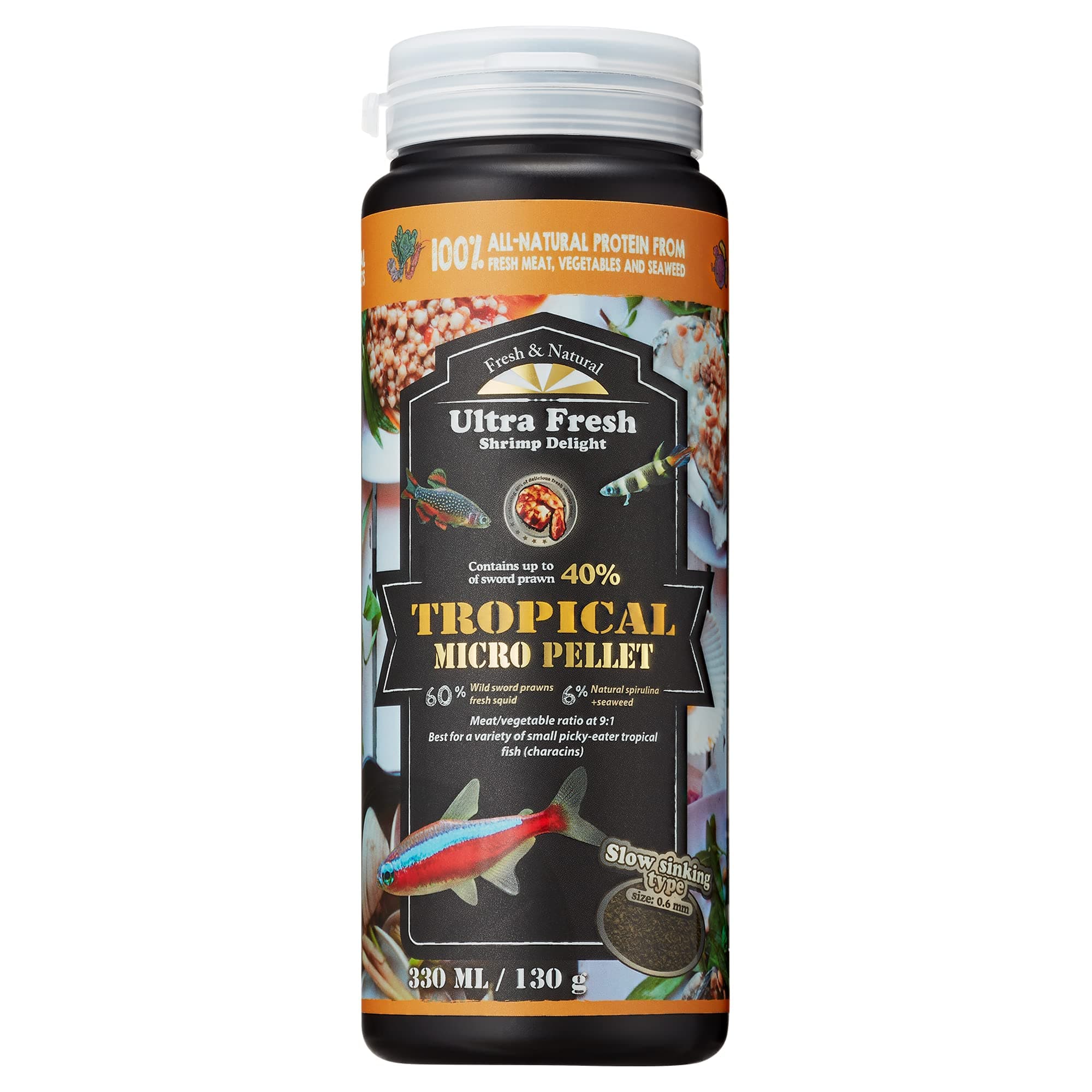 Ultra Fresh Tetra Fish Food, Slow Sinking, All Natural Ingredients, Wild Sword Prawns, Spirulina, Natural Color Enhancement, Small Granules for Small Fish, Tropical Micro Pellet 4.6 oz