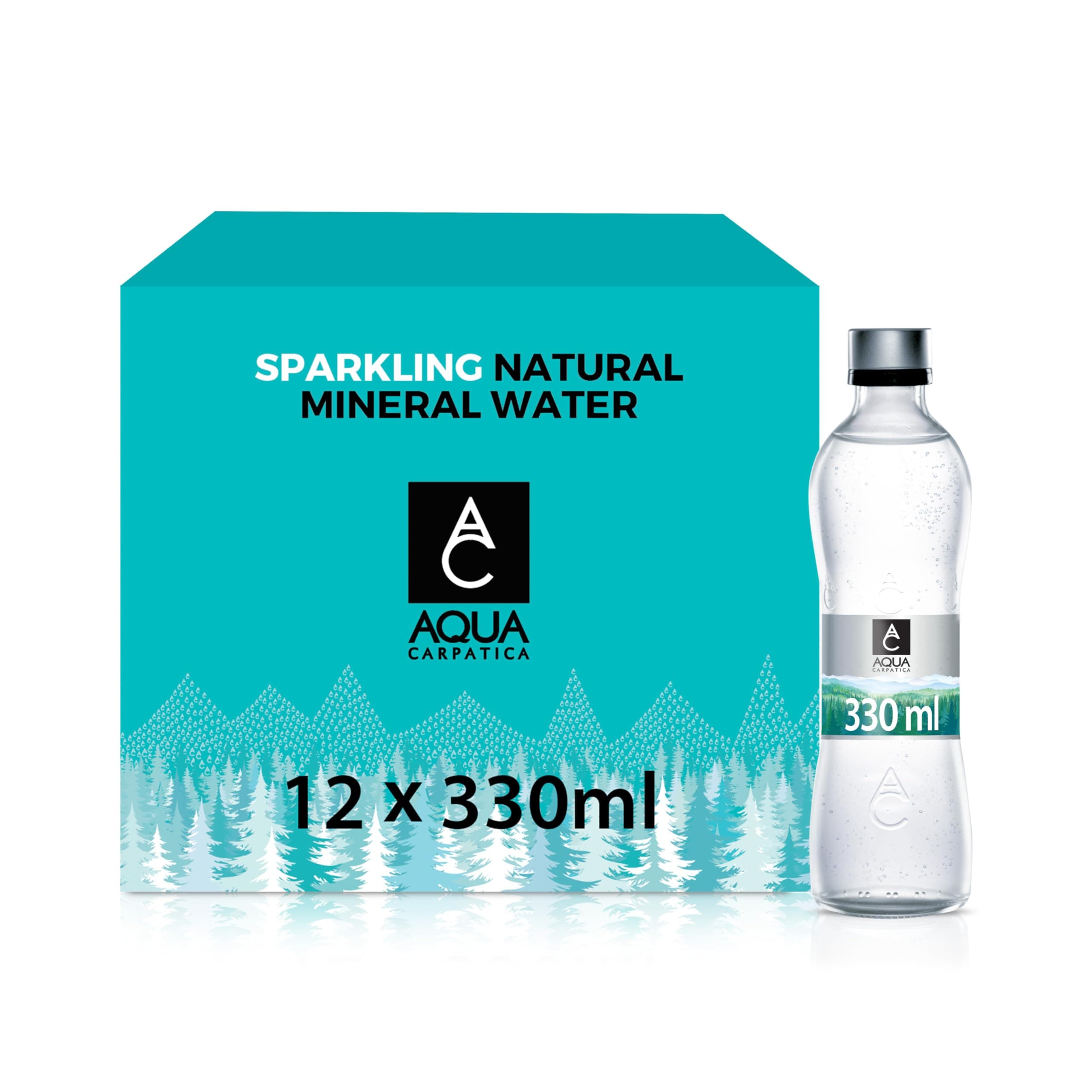AQUA Carpatica Glass 330ml x 12 - Pure Natural Sparkling Mineral Water for Optimal Hydration, Nitrate-Free, Abundant in Calcium & Magnesium, Naturally Alkaline, Enriched with Natural Electrolytes