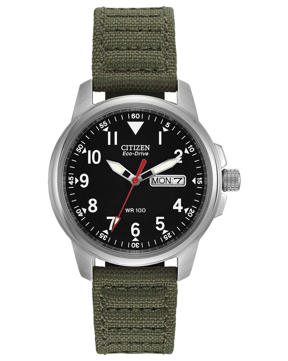 Citizen Men's Eco-Drive Weekender Garrison Field Watch in Stainless Steel with Olive Nylon Strap, Black Dial (Model: BM8180-03E)