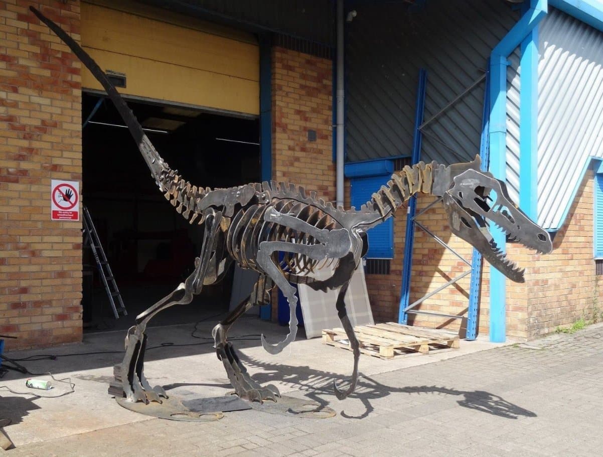 Large Velociraptor anatomically correct dinosaur sculpture - Made from 10mm structural steel plate 14 feet long