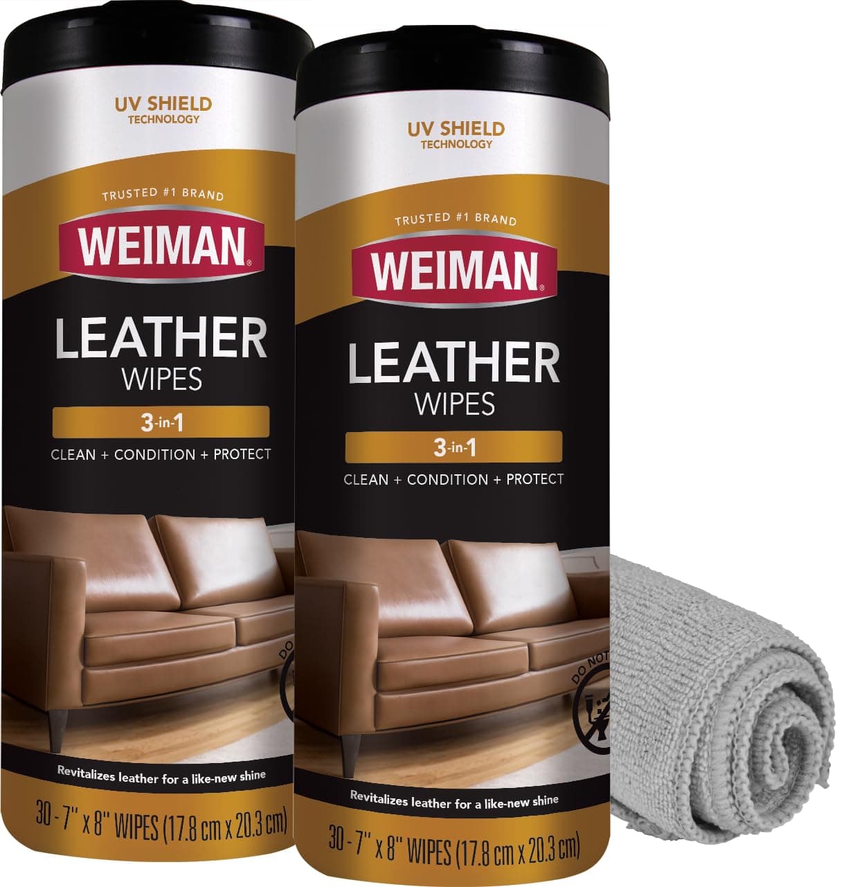Weiman Leather Cleaner Wipes - 2 Pack with Microfiber Cloth - Clean Condition UV Protection Help Prevent Cracking or Fading of Leather Furniture, Car Interior, and Shoes