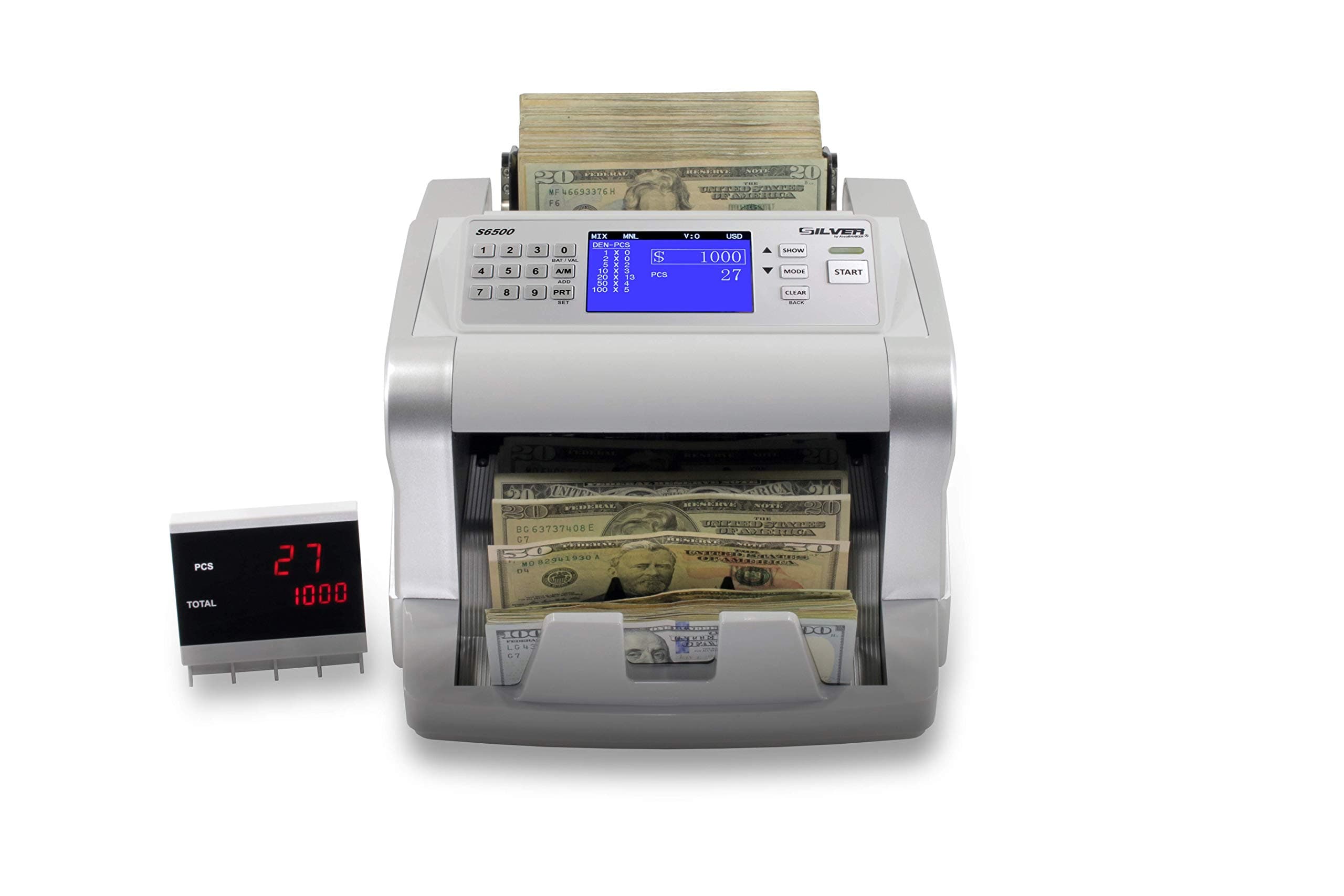 SILVER by AccuBANKER S6500 Cash Counter Money Bill Counter Machine - Quick Mixed Denomination Bill Counter for with 5-Point Counterfeit Bill Detector UV, MG, Infrared, Size & Metal Thread