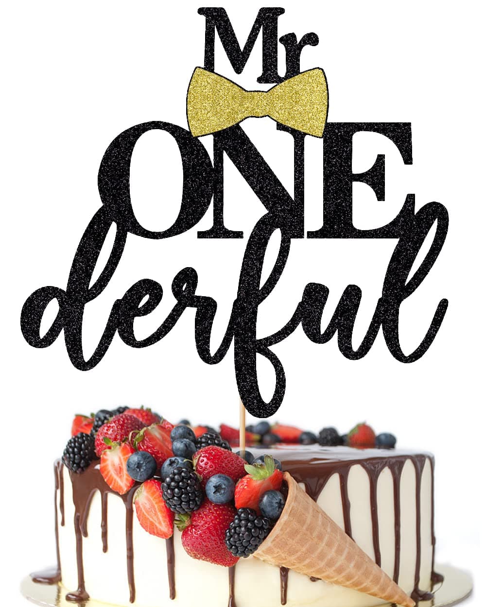 Crseniny Mr Onederful Cake Topper ,Baby Boy 1st Birthday Cake Topper, Bow Tie First Birthday Boy Baby Shower Party Cake Decorations Supplies (Black Glitter)