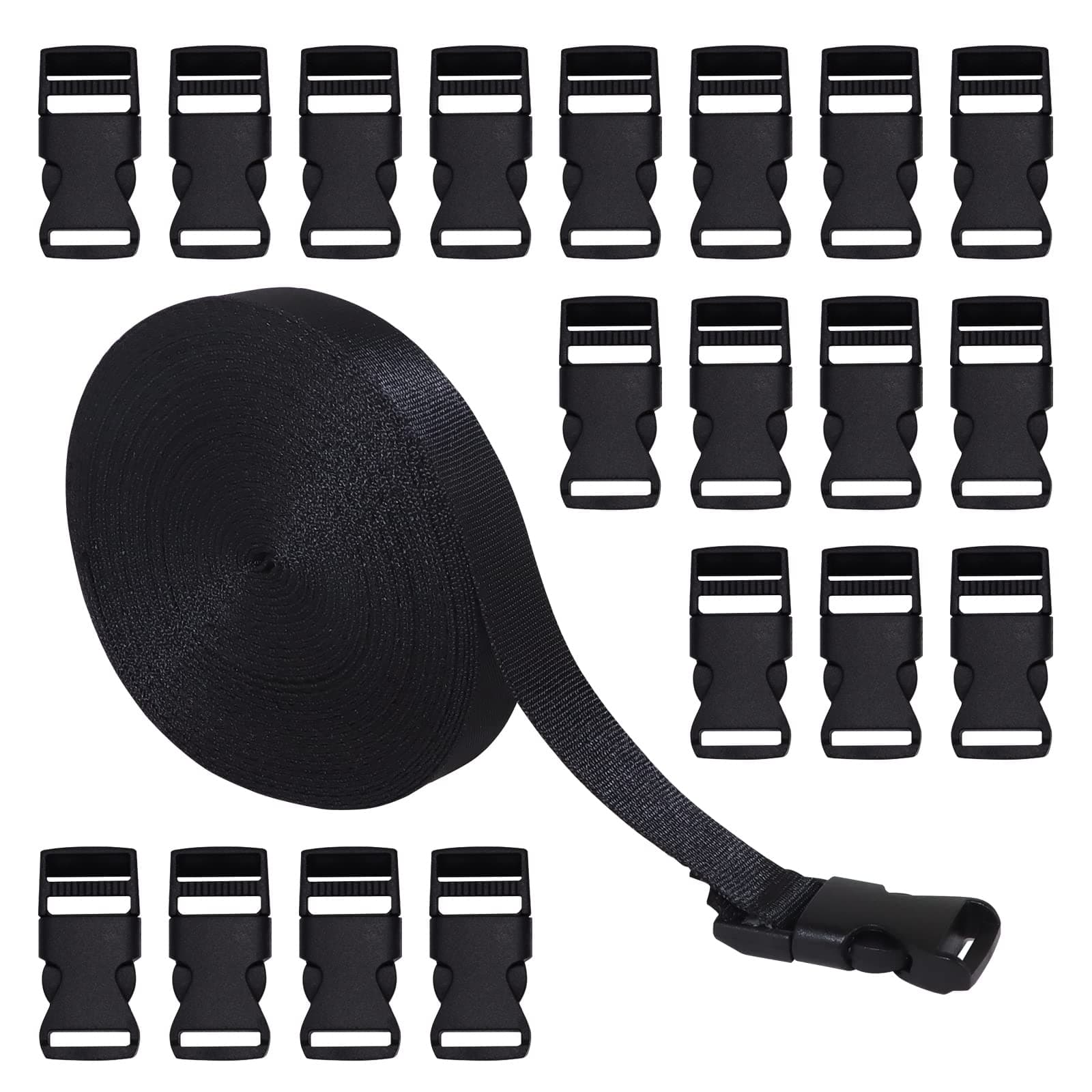 RETON 0.59 Inch 10 Yards Black Nylon Webbing Strap + 20 PCS Adjustable Buckles Plastic Side Release Buckles