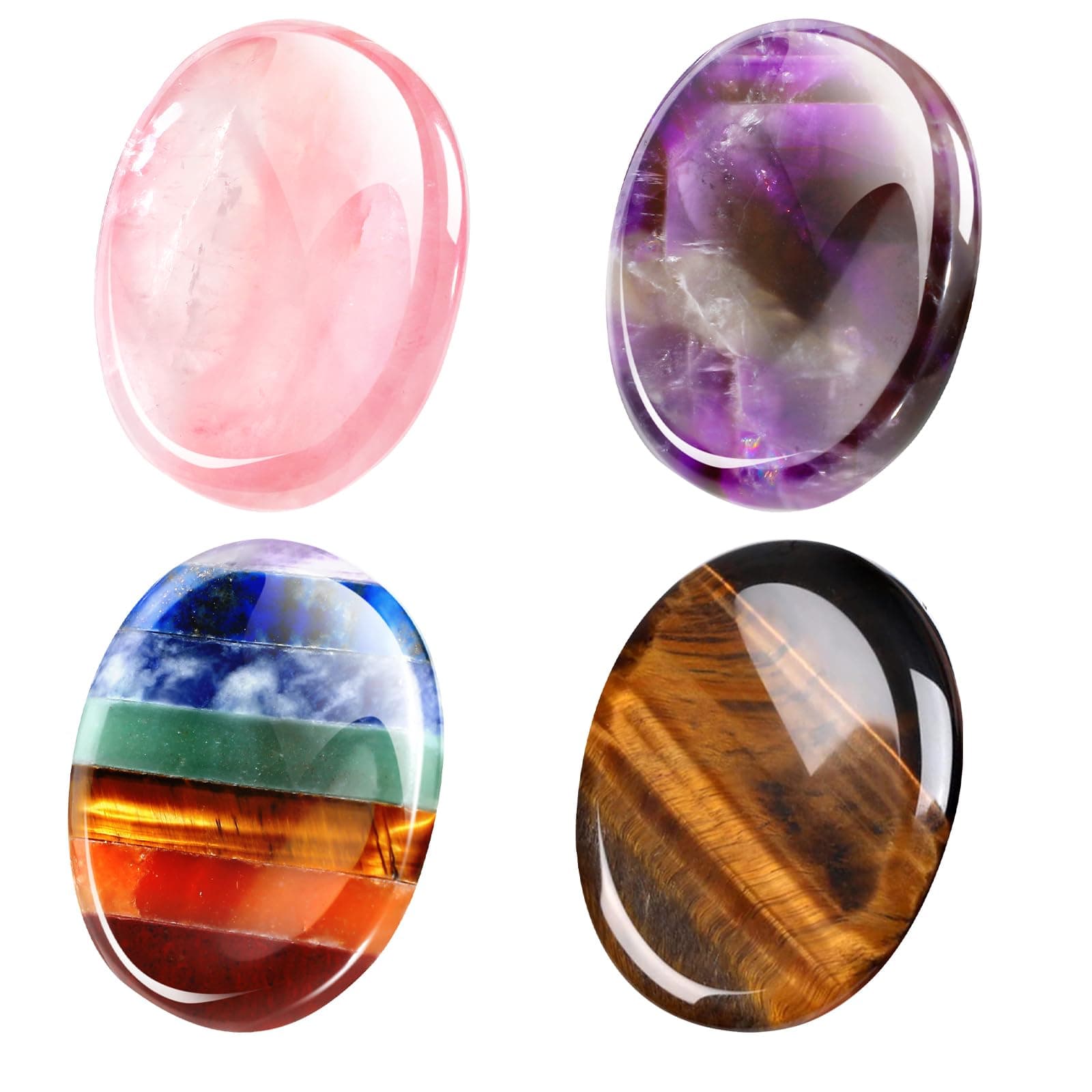 4 Pcs Thumb Worry Stone for Anxiety Natural Crystal Healing Stone Chakras Amethyst Tiger Eye Quartz Pocket Hug Gift for Office Stress Meditation(Chromashift,Oval)