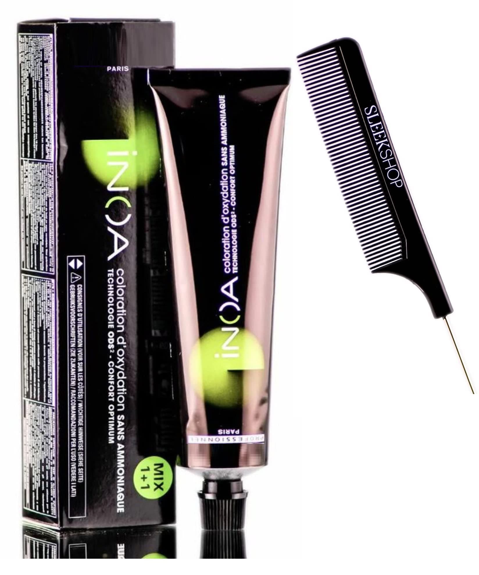 Sleekshop Comb + INOA Ammonia-Free Permanent Hair Color Dye, 100% White/Grey Hair Coverage (w/ SLEEKSHOP Steel Pin Rat Tail Comb) Cream Haircolor Creme (6.0 / 6,0 / 6NN)