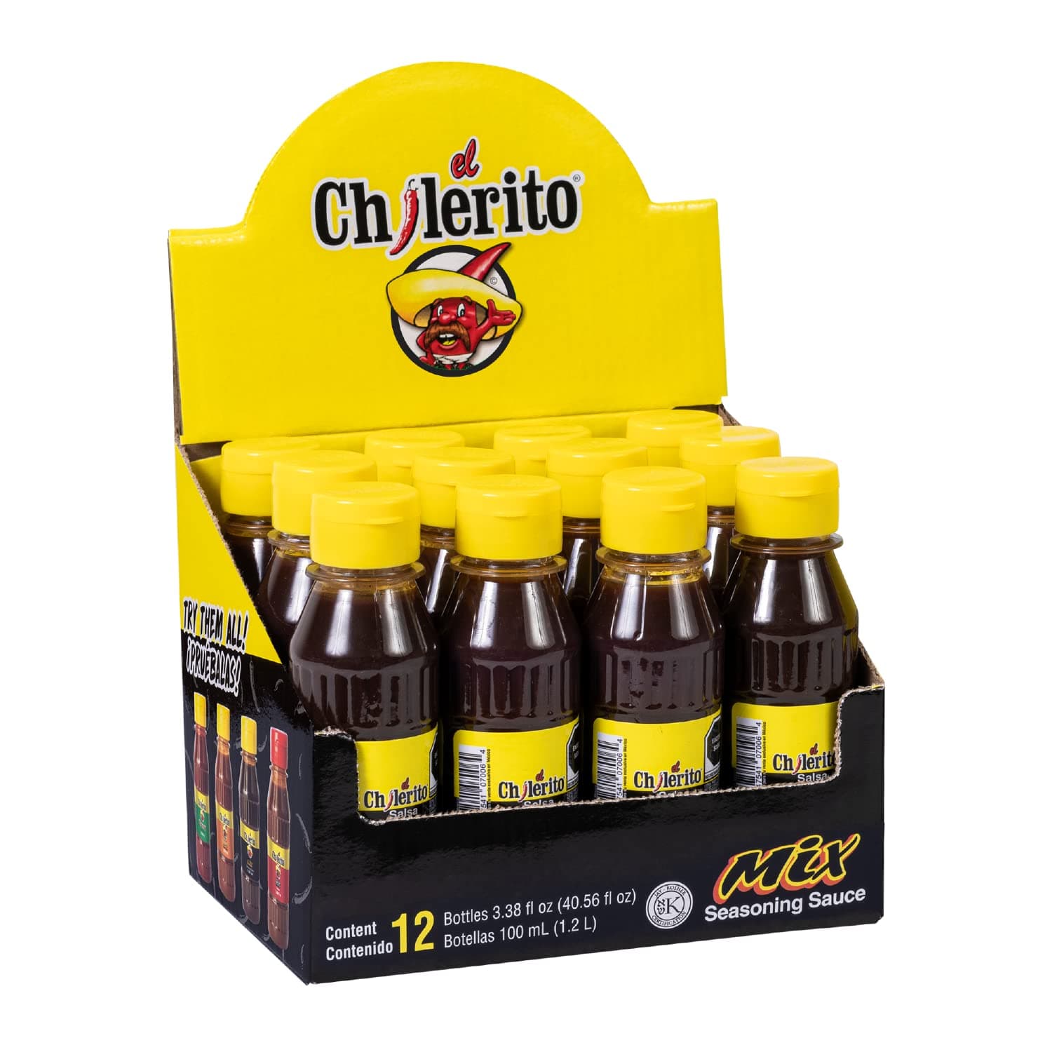 EL CHILERITO DISPLAY 12 Pcs Mix Sauce 100ml/ 3.3Fl. Oz - Mexican Foods - Excellent For Michelada-Type Mixes, Snacks And Drinks – Mexican Flavor - To Share With Friends And Family - Kosher - Natural Ingredients – Chili