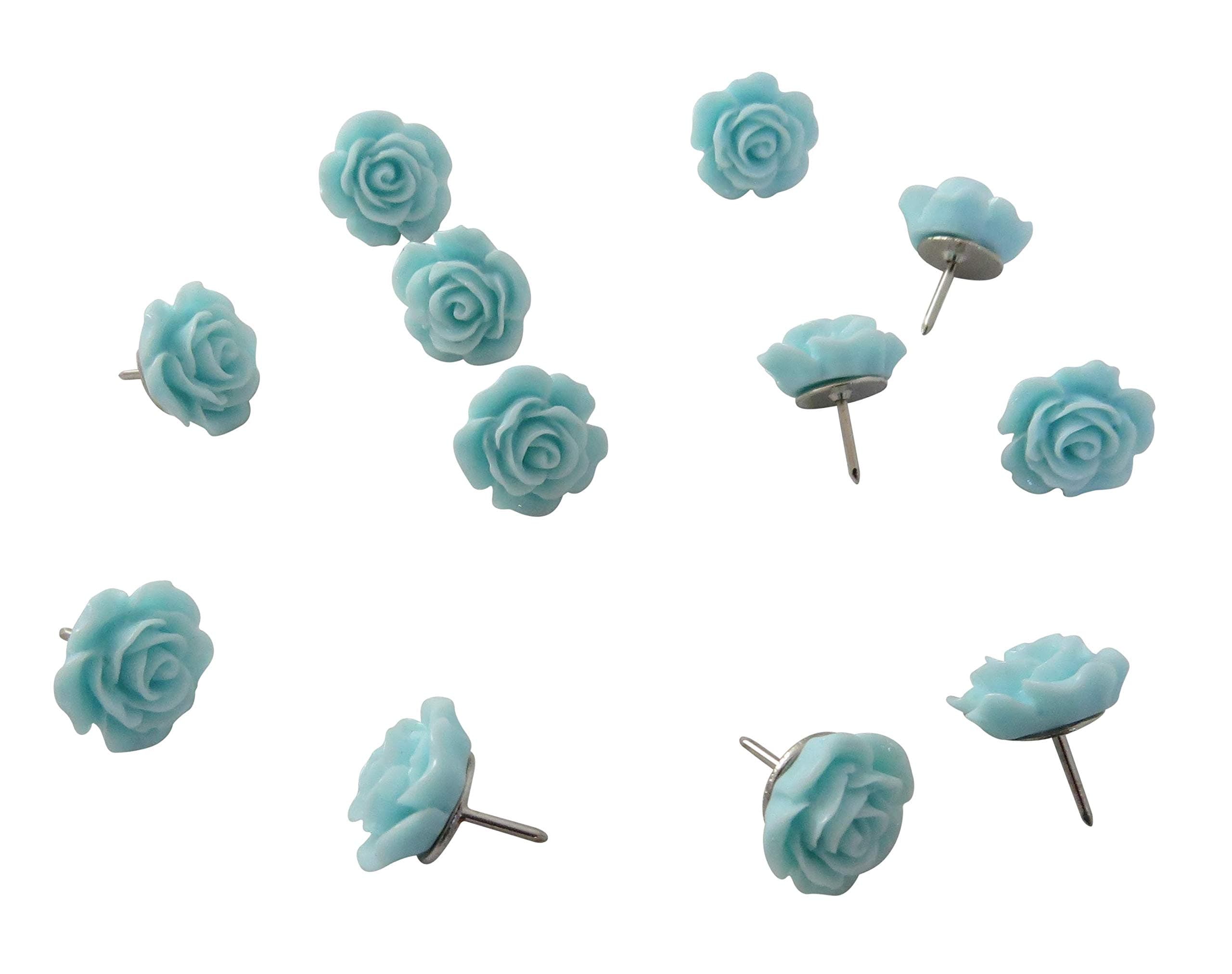 Decorative Rose Thumbtacks for Cork Boards, Unique Handmade Flower Push Pins are Ideal for Pinning Polaroid Photos, Bridal, Baby Showers Decors. Adorning Offices and Weddings - Set of 12. (Teal)