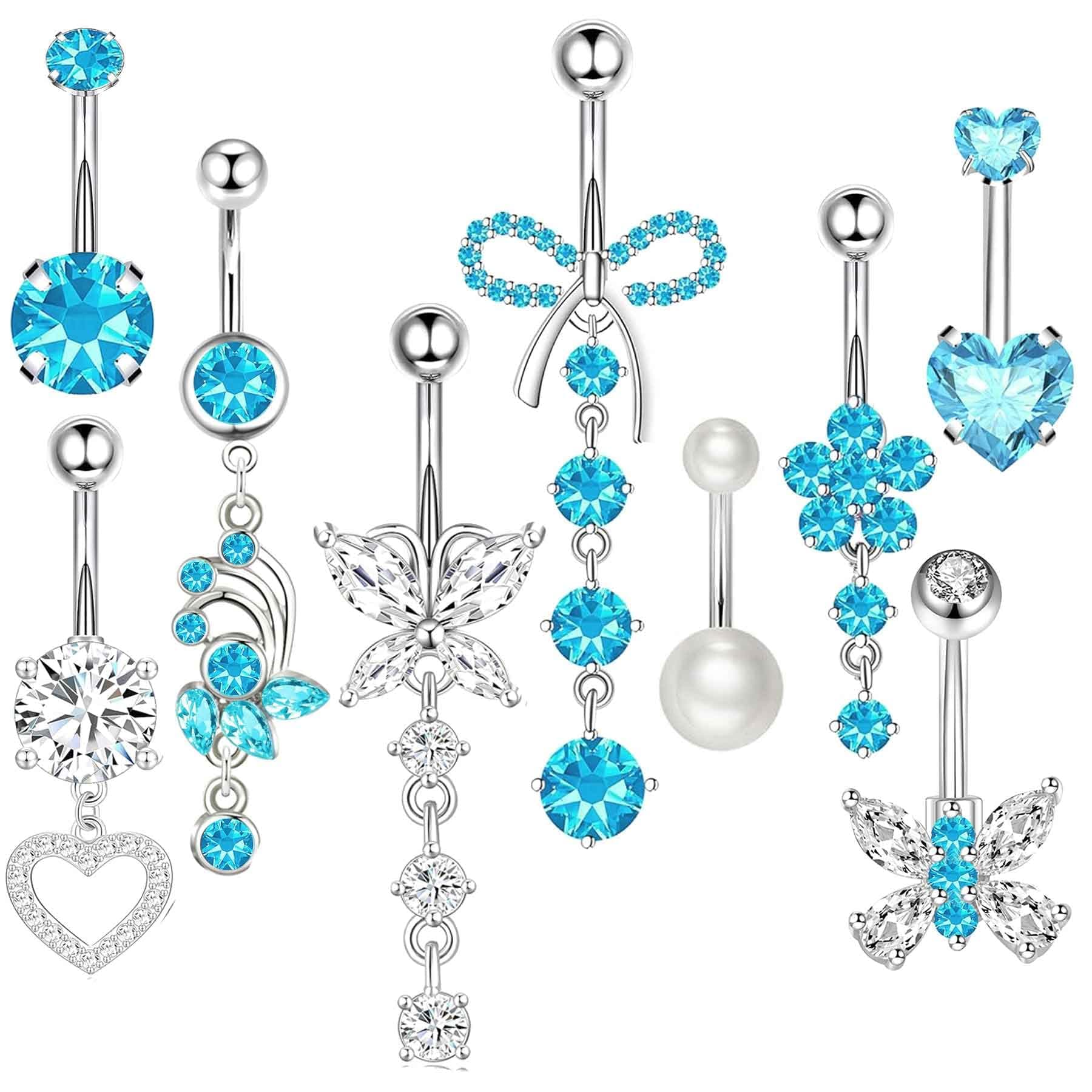 14G Belly Button ring Dangle Belly Rings Surgical Stainless Steel Cute Bow Butterfly Heart Flower Dangling Belly Button Piercing Jewelry For Women Silver Dainty Dangly Navel Ring