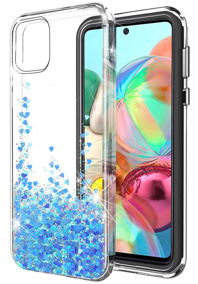 SunStory Galaxy A71 Case,Luxury Fashion with Moving Shiny Quicksand Glitter and Double Protection with PC Layer and TPU Bumper Case for Samsung Galaxy A71 Phone (Blue)