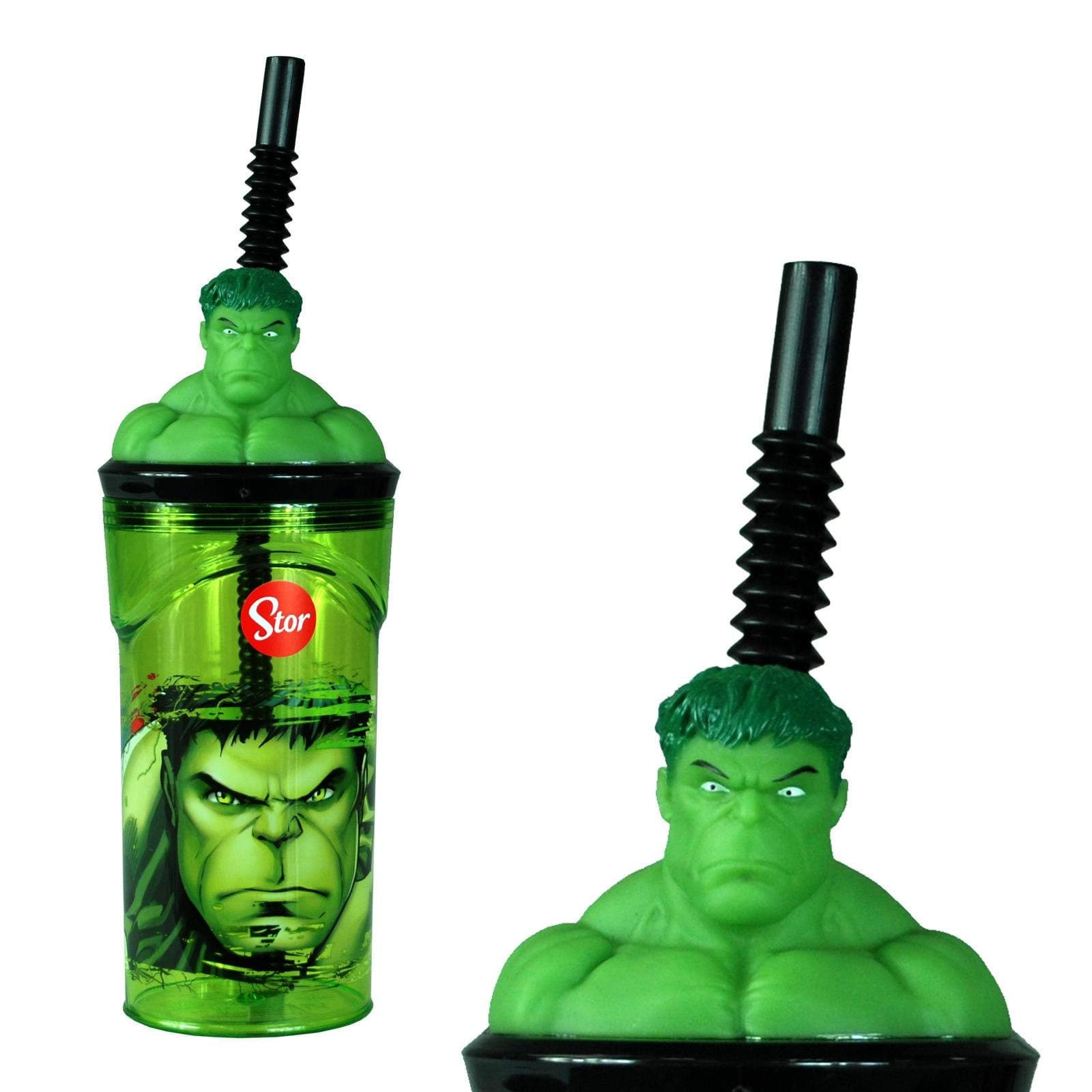 The Hulk 3D Figurine Plastic Tumbler Beaker with Flexi Straw - 360ml - 7cm Diameter x 14cm Height - Sturdy Novelty Enclosed Drinking Cup.