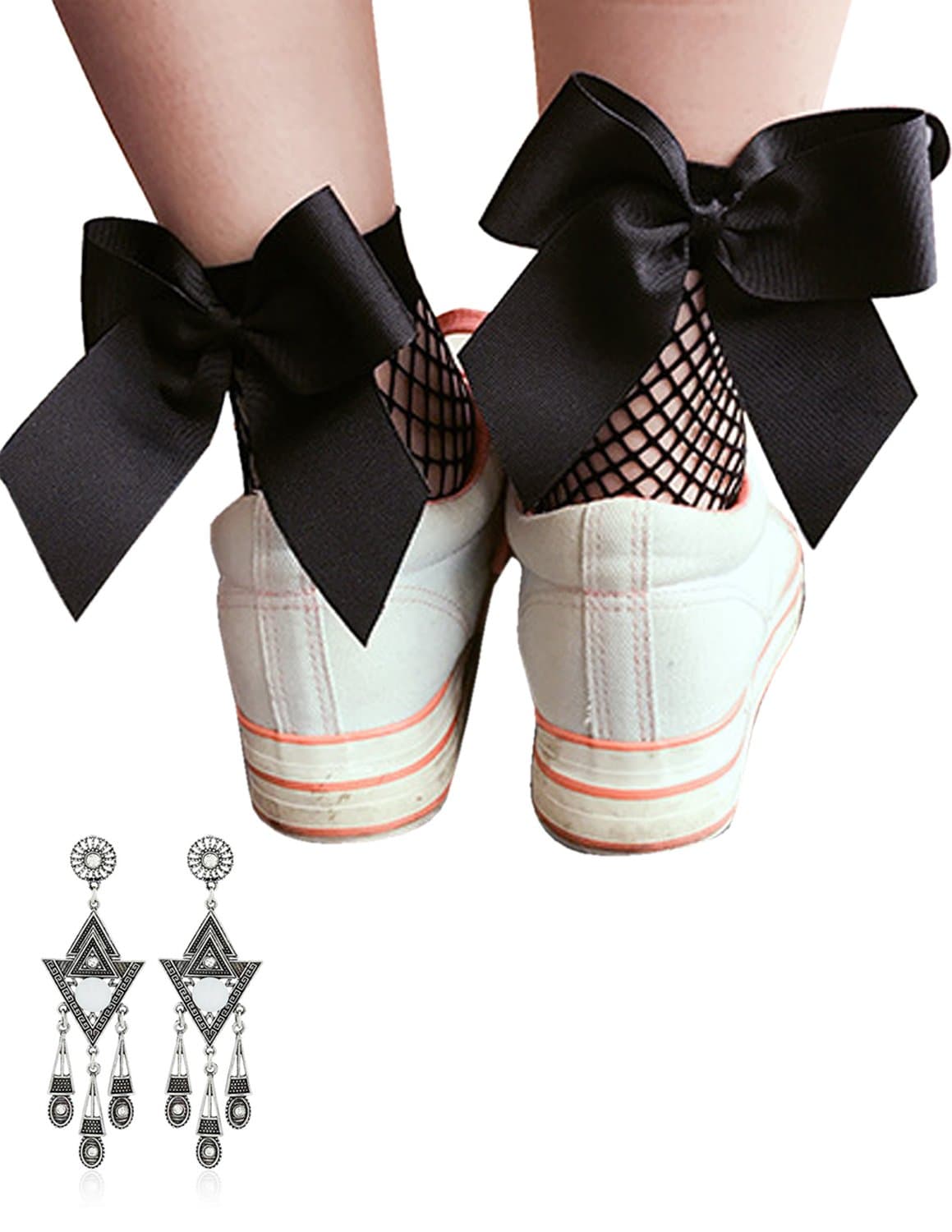 SEMIA Pack of 2 Women Gril Fashion Fishnet Sock Top-Ankle Socks Mesh Lace Fish Net Sexy Short Socks With Bowtie