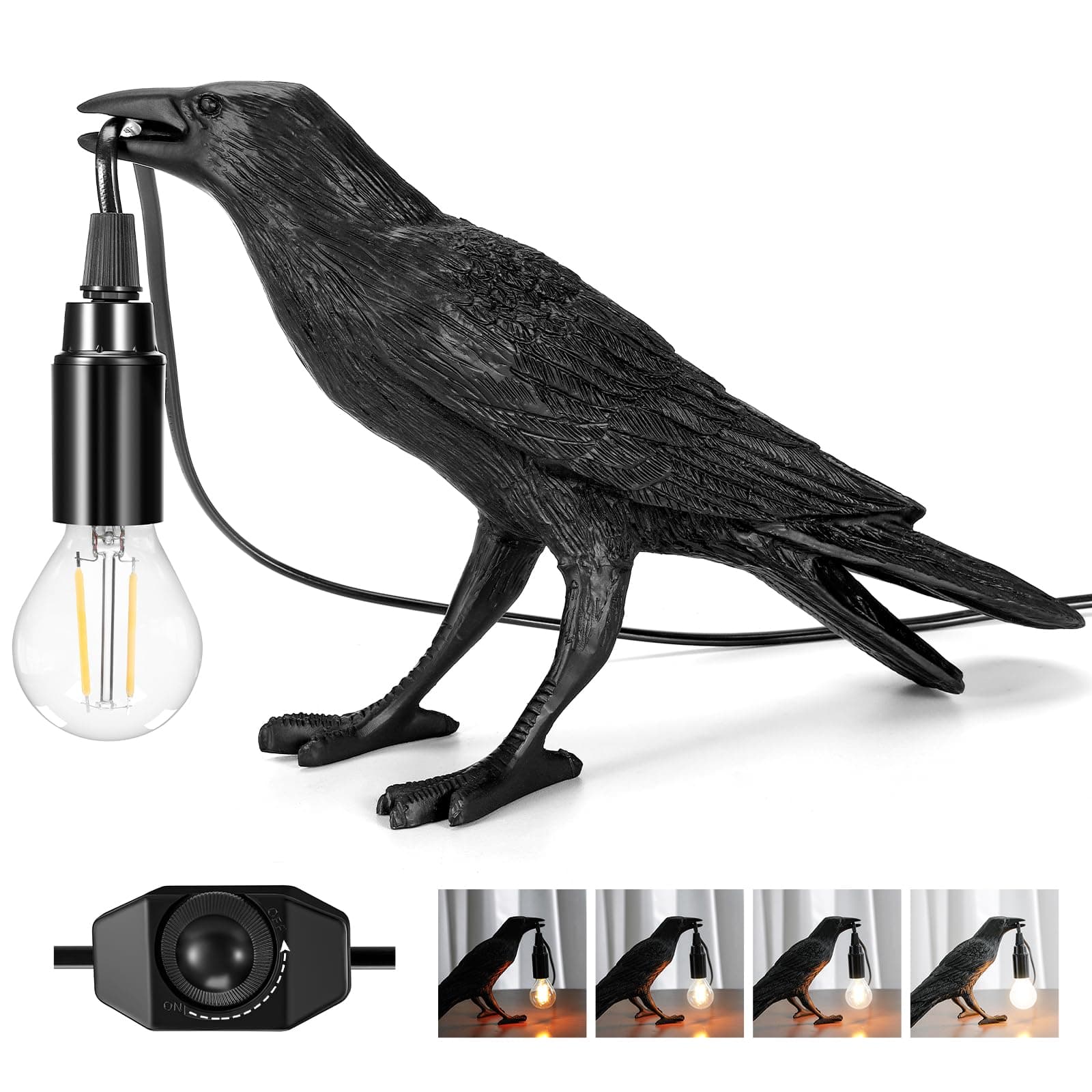 Raven Table Lamps with Vintage Edison Bulb, Resin Bird lamp in Black, Adjustable Brightness for Bedside Table/Office and Living Room Decor/Farmhouse Art Decor/Dorm/Harry Potter Fans, with Plug