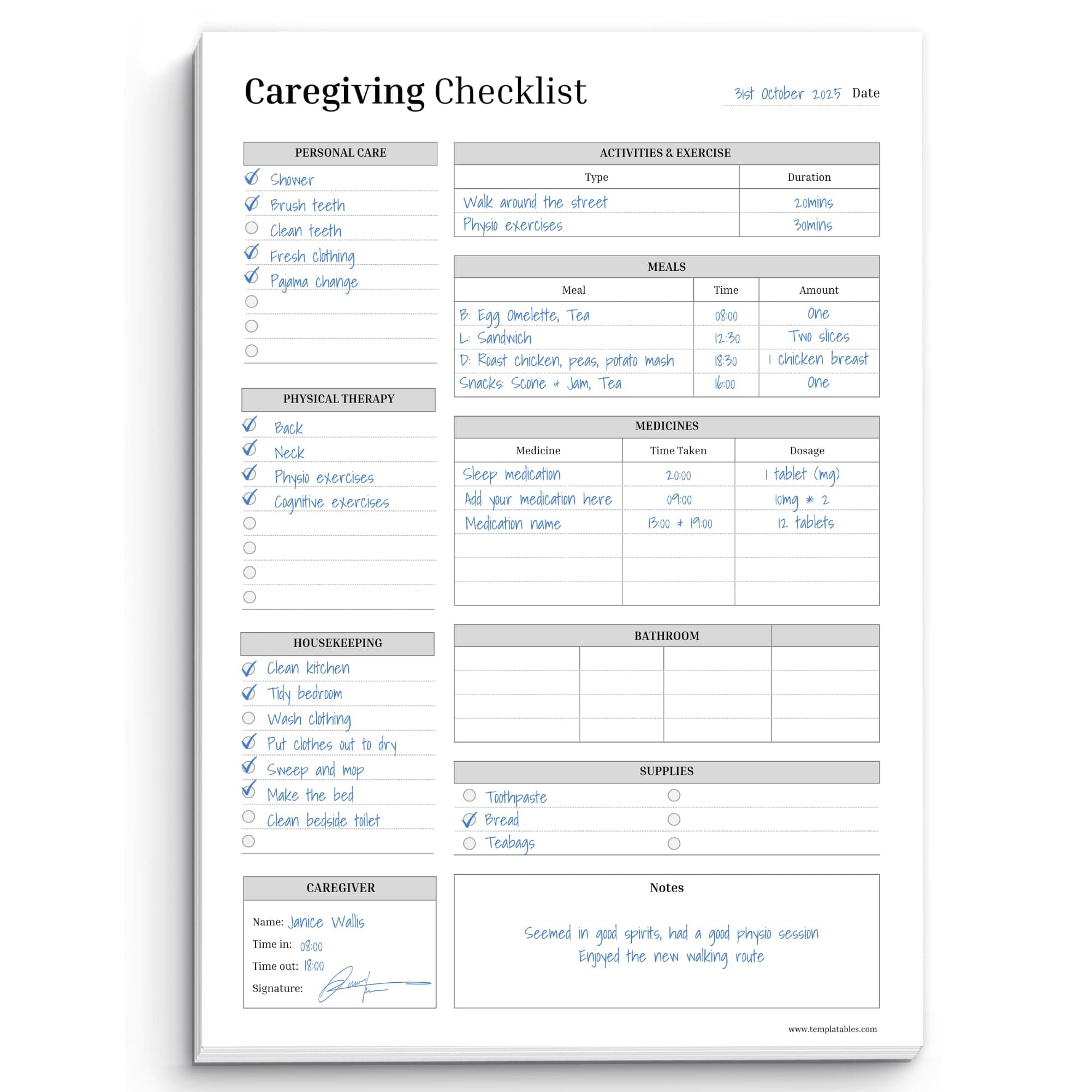 Caregiver Checklist Notepad | Track Personal Care, Medications, Activities, Meals & More for the Elderly | 50 Premium 120gsm Sheets for Daily Care & Management | Mono