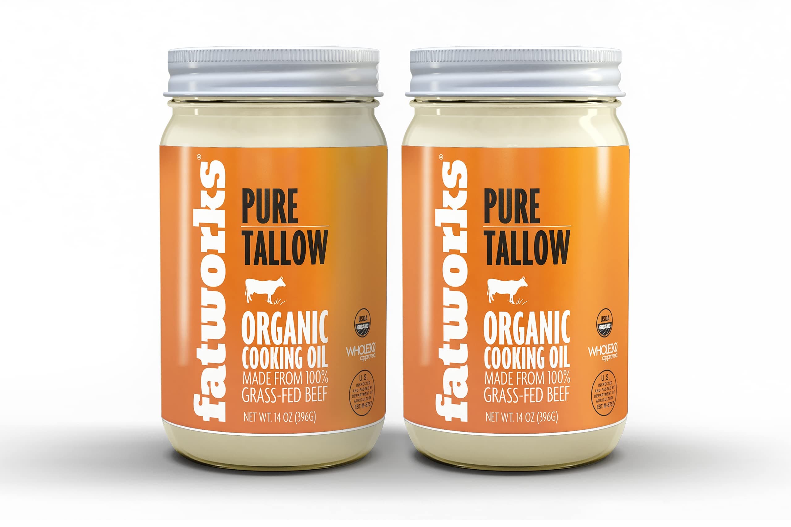 Organic Grass-Fed Beef Tallow, Certified Organic Non-Gmo Pasture-Raised Beef Tallow, sourced from several small family ranchers, KETO friendly, exclusive to Fatworks, 14 oz.