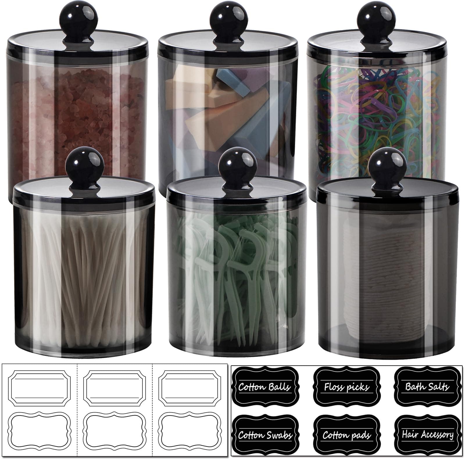 SheeChung 6 Pack Qtip Holder,Black Qtip Dispenser Apothecary Jars with Lids for Cotton Swabs,Balls,Pads,12oz & 10oz Acrylic Bathroom Organizer Set - Shatterproof Minimalist Clear Storage Canisters