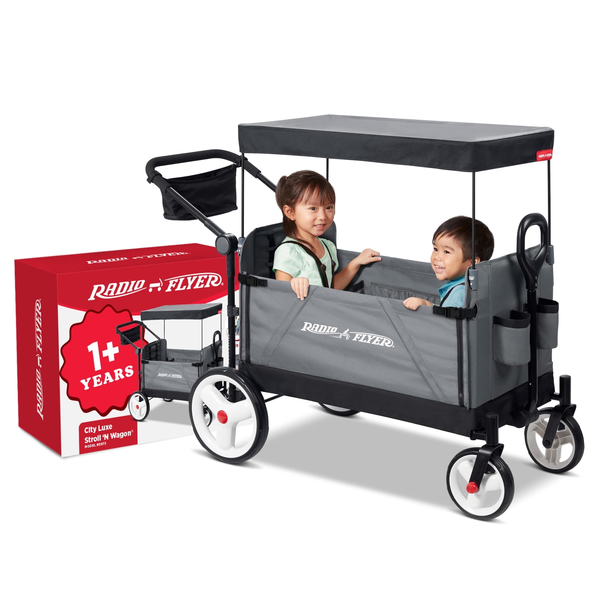 Radio Flyer City Luxe Stroll ‘N Wagon, Grey with Parent Caddy and Internal Storage Pockets, for 1+ Years (Amazon Exclusive)