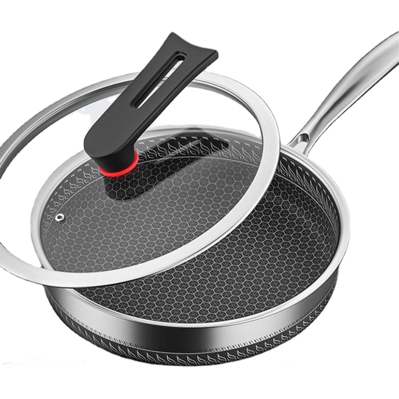 11 Inch Stainless Steel Frying Pan, Nonstick Fry Pan with Honeycomb Carving, Induction Skillet Compatible with All Cooktops, with Vertical Pot Lid, Dishwasher & Oven Safe