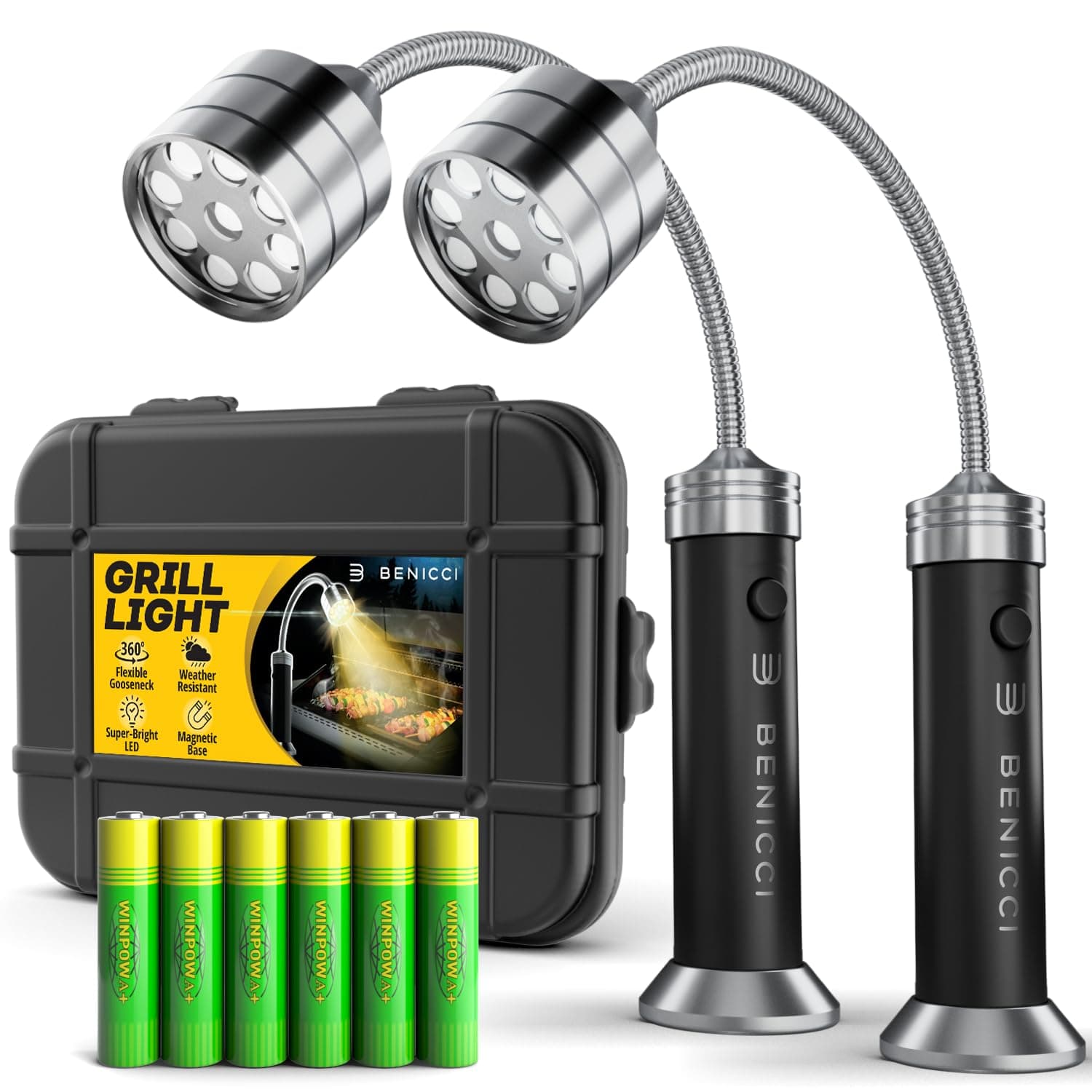 Flexible LED BBQ Grill Lights Set of 2 - The Perfect Grilling Accessories Light with 360-Degree Magnetic Base and Gooseneck - 100% Portable Weatherproof Outdoor Lamp w/ 6 Batteries Included