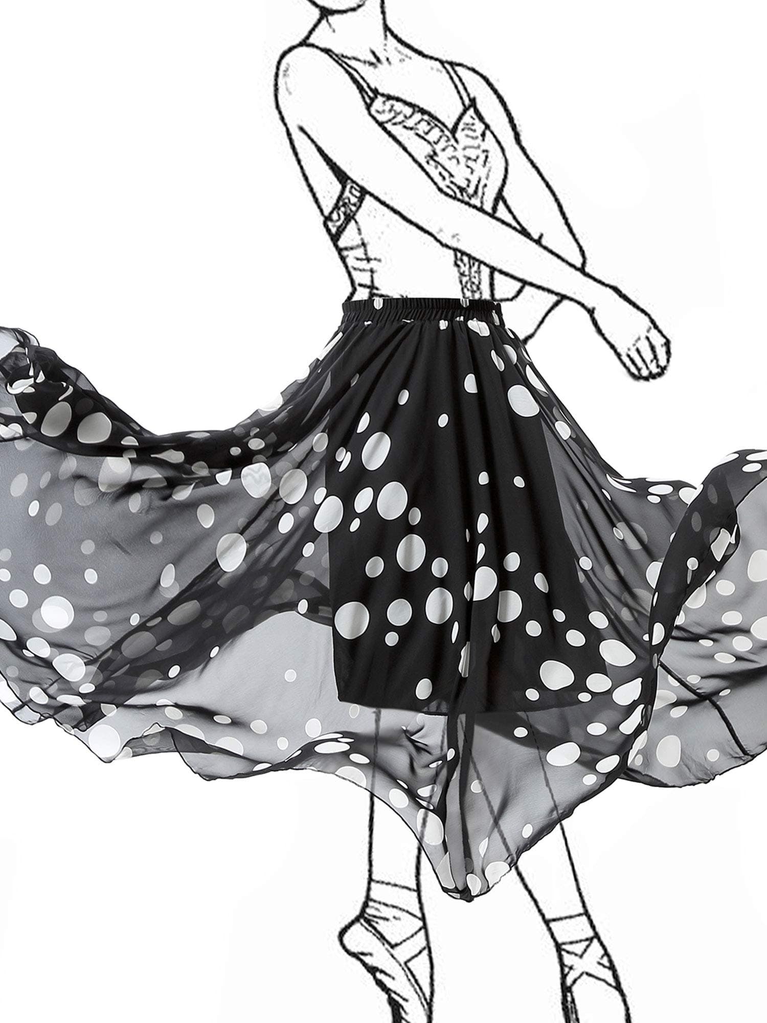 NASHALYLY Women's Polka Dot Print Maxi Skirt - Chiffon Elastic High Waist Pleated A-Line Flared Long Skirts(Sun Skirt-Dot, L)