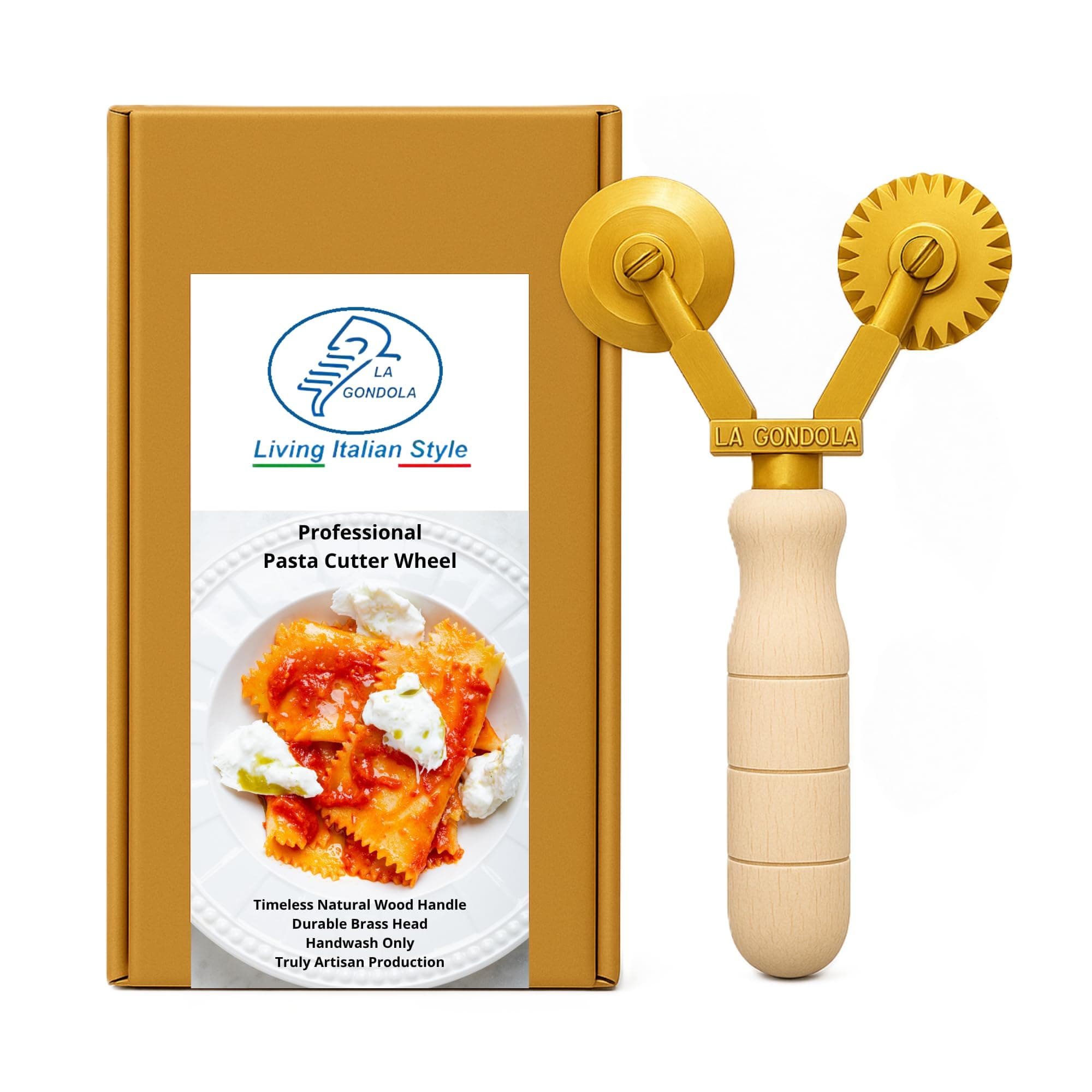 La Gondola Homemade Pasta Cutter - Double Wheel (Festooned & Smooth) | Pasta Making Tool for Home and Business | Brass & Natural Wood | Easy to Use Pasta Cutting Tool | Ravioli Cutter Made in Italy