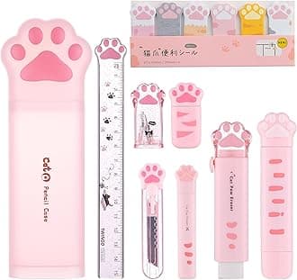 9 Pcs Cute Cat Paw Stationery Set Kawaii School Supplies Including Pencil Sharpener Retractable Eraser Correction Tape Sticky Notes Ruler Mini Scissors Utility Knife for Cat Lovers Students (Pink)