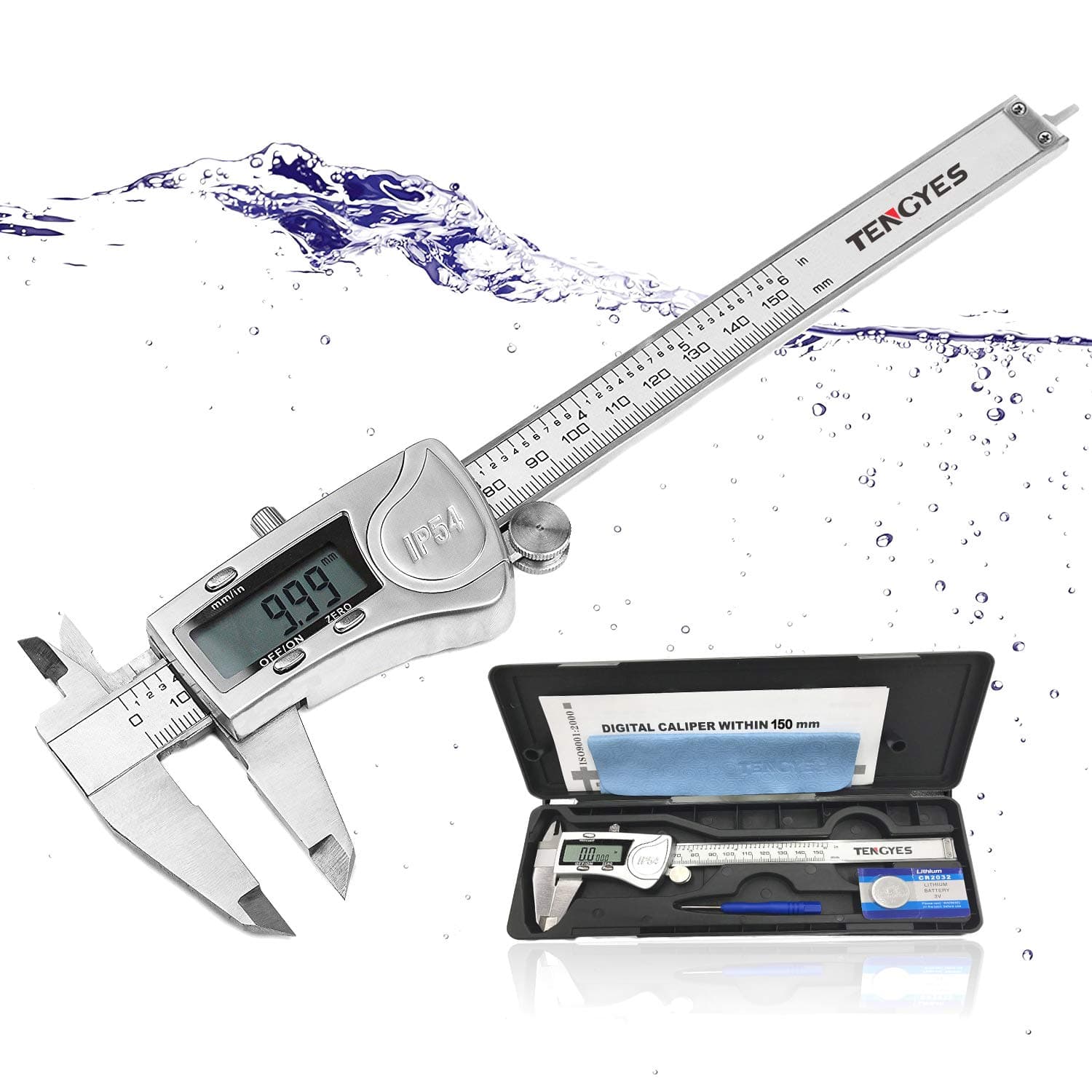 TENGYES Digital Caliper Micrometer Measuring Tool - 6 inch Stainless Steel Electronic Vernier Calipers, IP54 Waterproof Accurate Gauge with LCD Screen Inch