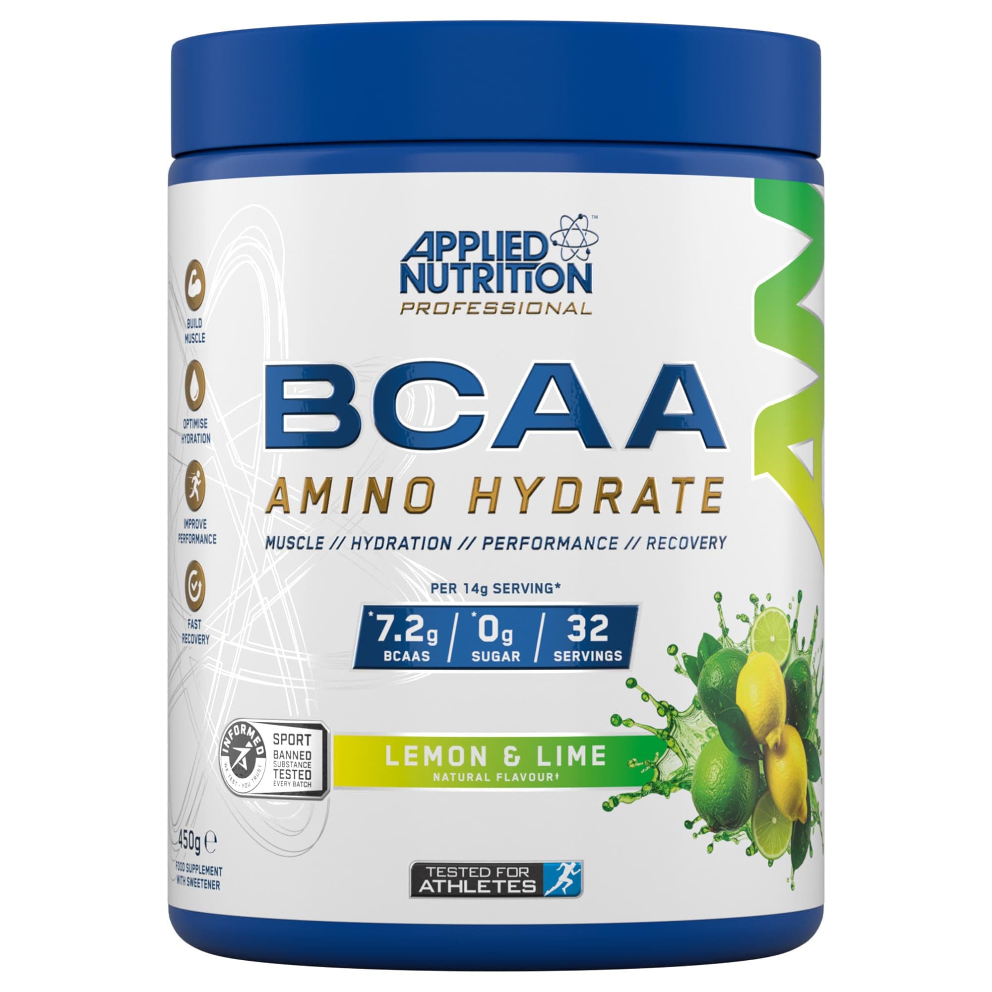 Applied Nutrition BCAA Powder - Branched Chain Amino Acids BCAAs Supplement, Amino Hydrate Intra Workout & Recovery Energy Drink (450g - 32 Servings) (Lemon & Lime)
