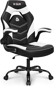 N-GEN Video Gaming Chair Ergonomic Computer Desk Office Chair with Lumbar Support Adjustable Height Swivel Wheels Flip-Up Arms PU Leather Home and Office (White)