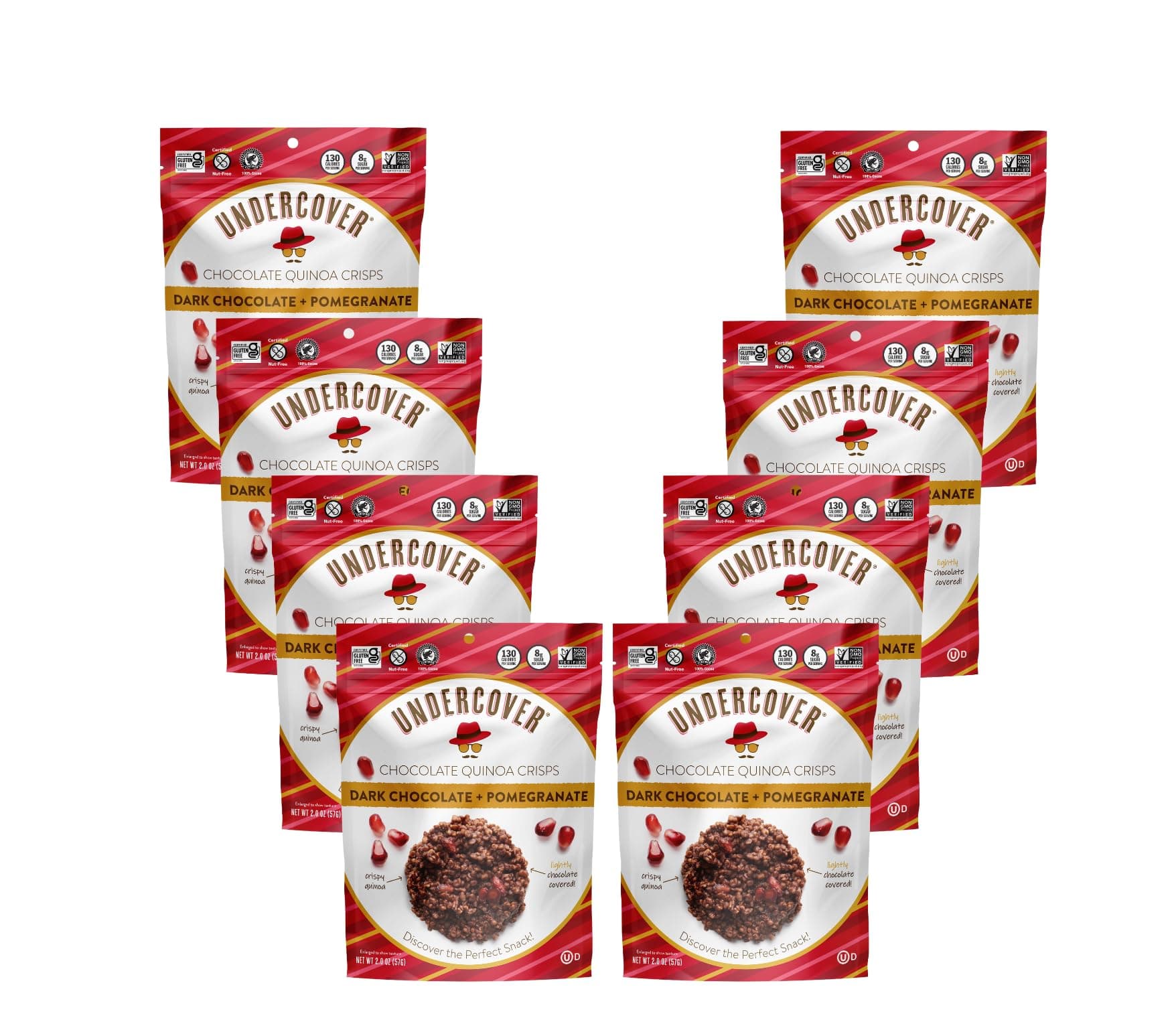Undercover Chocolate Quinoa Crisps - Dark Chocolate + Pomegranate Quinoa Crisps | 8-Pack, 2oz Bags | Gluten Free, Nut-Free, Allergen Friendly, Kosher, Plant-Based
