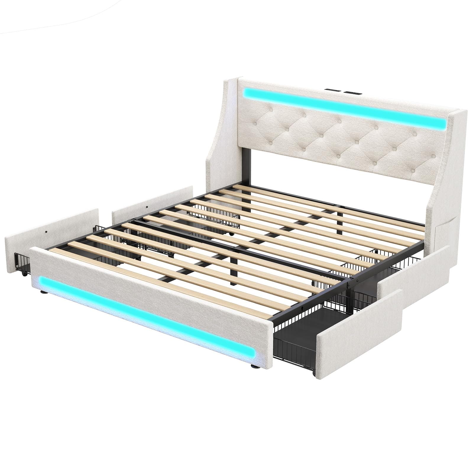 Rolanstar Full Bed Frame with LED Lights and Charging Station, Upholstered Bed with Drawers, Wooden Slats, Noise Free, Easy Assembly, Beige