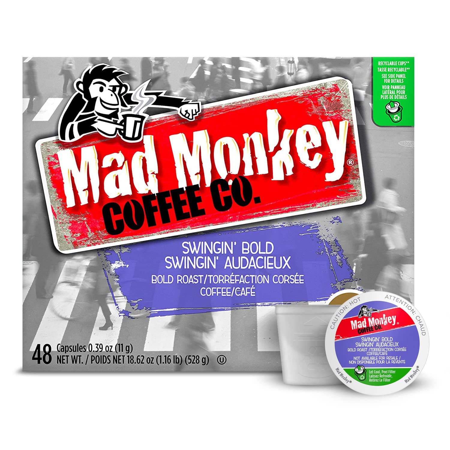 Mad Monkey Single Serve Coffee Capsules, Swingin Bold, 100% Arabica Bold Roast, Compatible with Keurig K-Cup Brewers, 48 Count