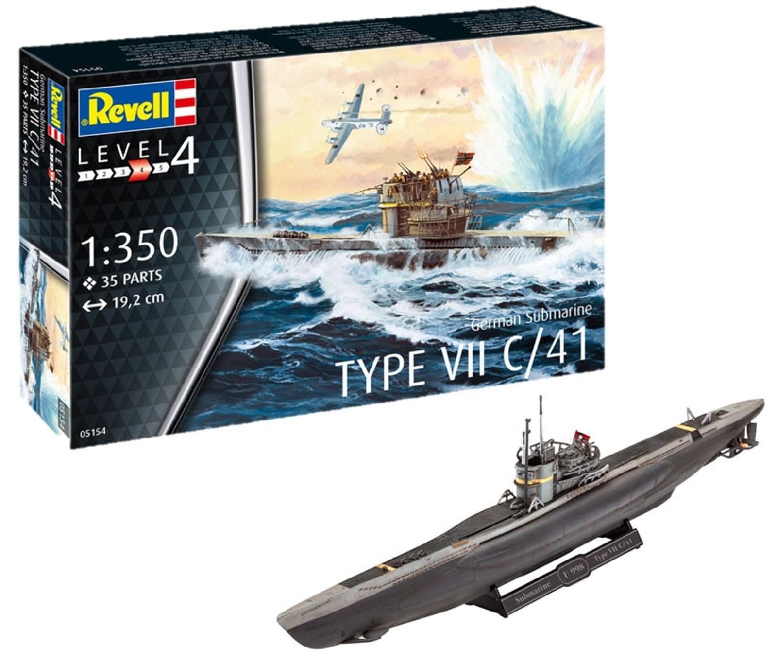 Revell RV05154 05154 5154 German Submarine Type VII C/41 1: 350 Plastic Model Kit, Various