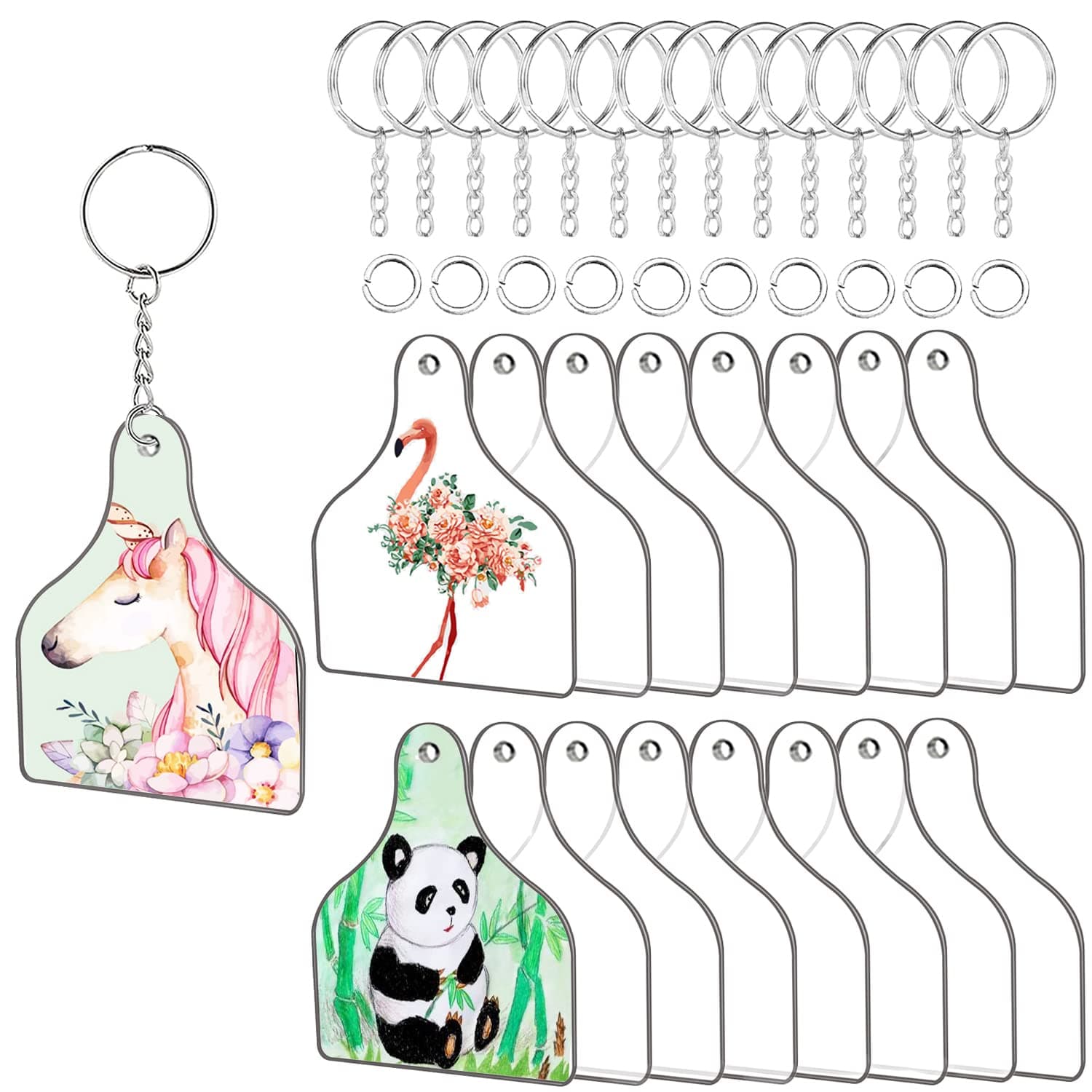 90pcs Acrylic Blanks Key Tags Kit, Including 30pcs Cow Ear Shape Retro Acrylic Board, 30pcs Keychain Rings and 30pcs Jump Rings for Cricut Vinyl Ornament Blanks DIY Keychain Making