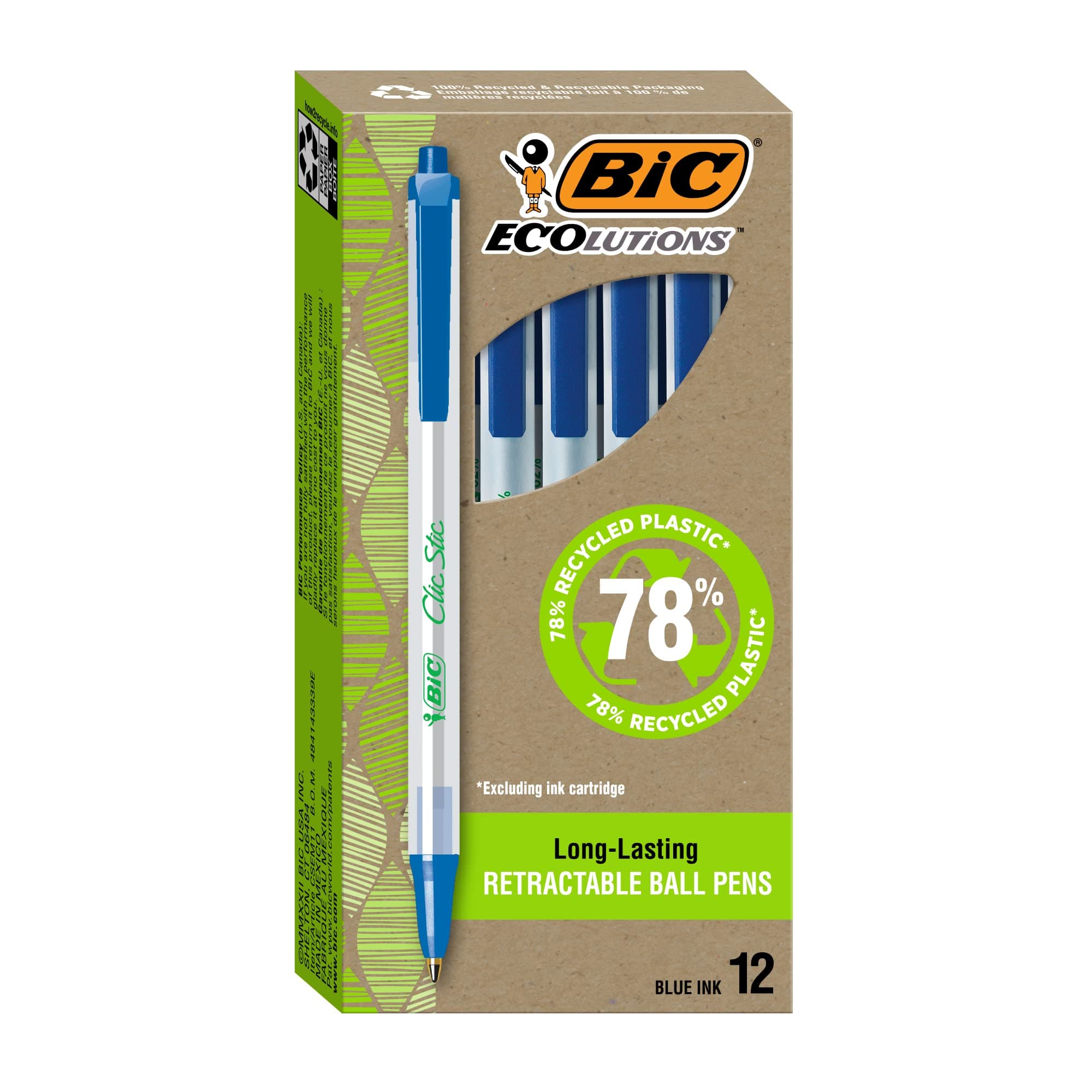 Ecolutions Clic Stic Blue Ballpoint Pens, Medium Point (1.0mm), 12-Count Pack, Retractable Ball Point Pens Made from 78% Recycled Plastic