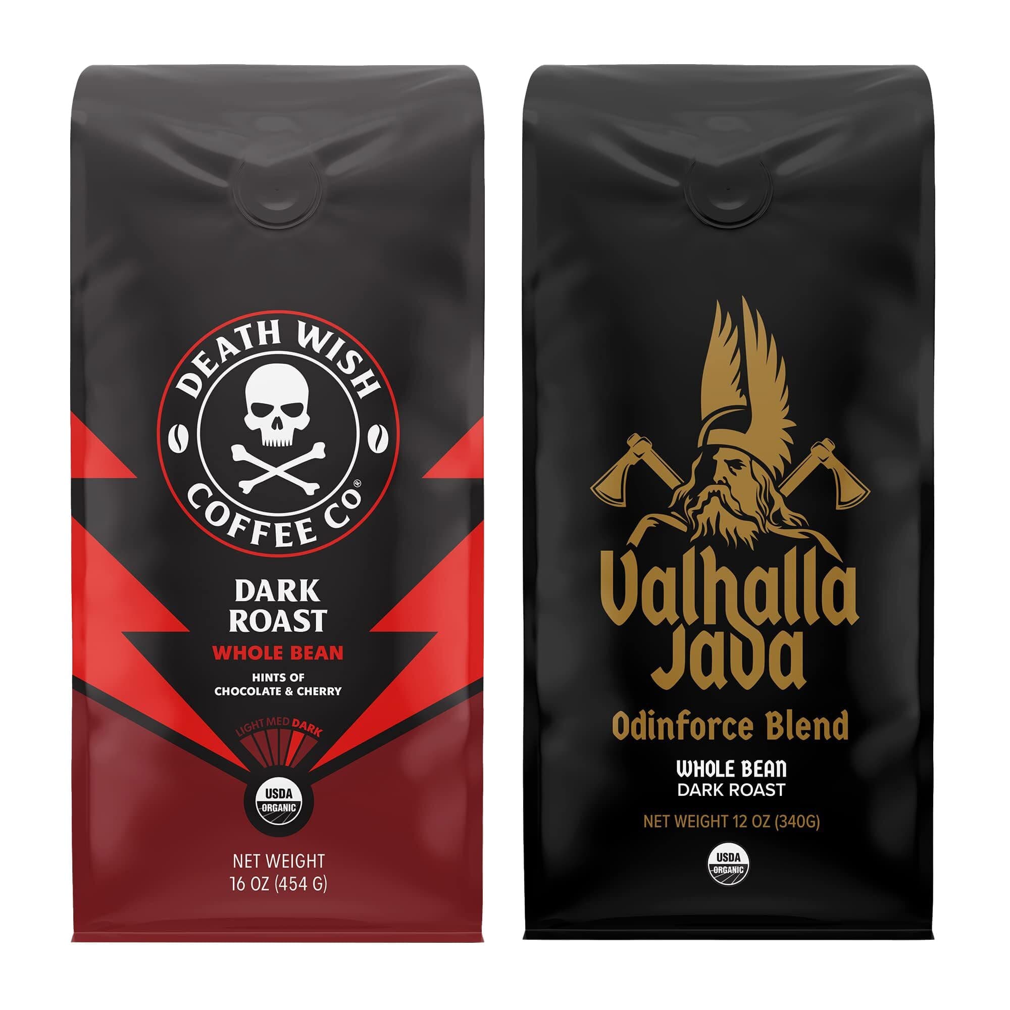 Death Wish & Valhalla Java Whole Bean Coffee Bundle Deal, USDA Certified Organic & Fair Trade (1 of Each Bag)