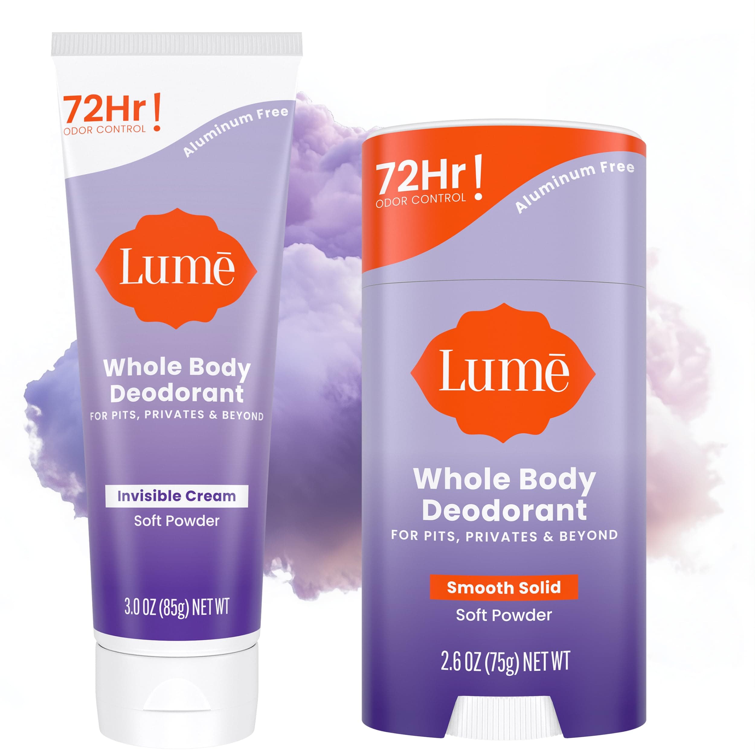- Lume Whole Body Deodorant - Invisible Cream - 72 Hour Odor Control - Aluminum Free, Baking Soda Free, Skin Safe - 3.0 Ounce Tube and 2.6 Ounce Solid Stick Bundle (Soft Powder)
