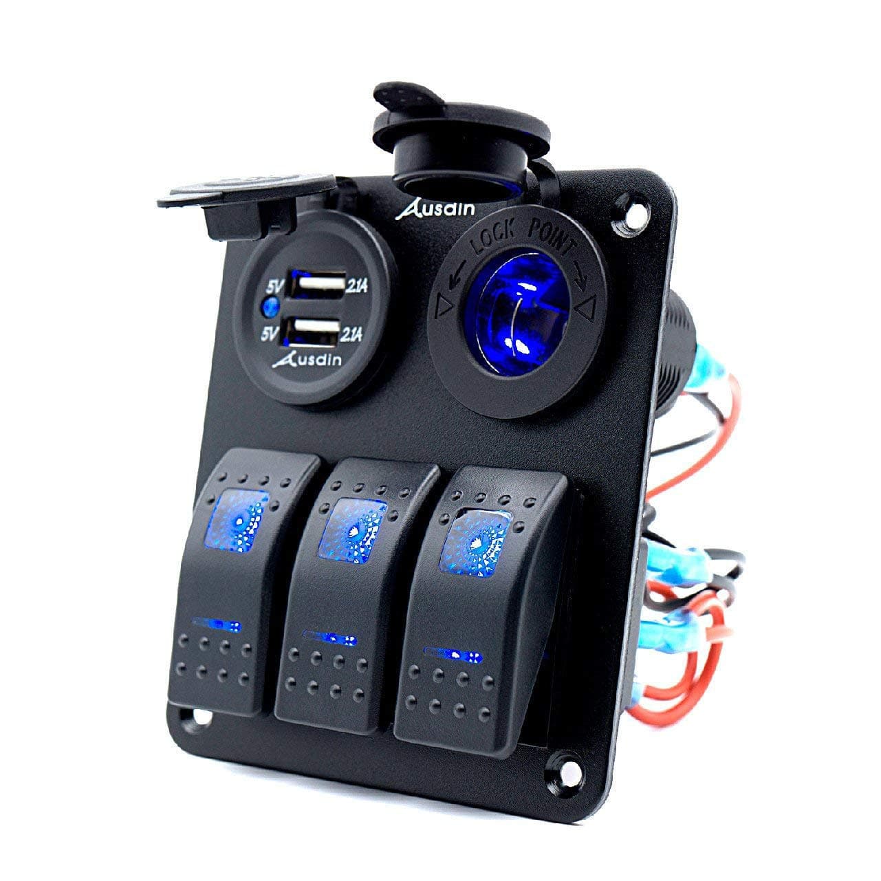 Switch Panel,Rocker Switch,Ausdin LED Light Bar Switch Panel Waterproof Professional Design For 3 Gang Rocker Switch Panel 14AWG Wiring Harness Pre-wired Rocker Switch Blank Easy Installation