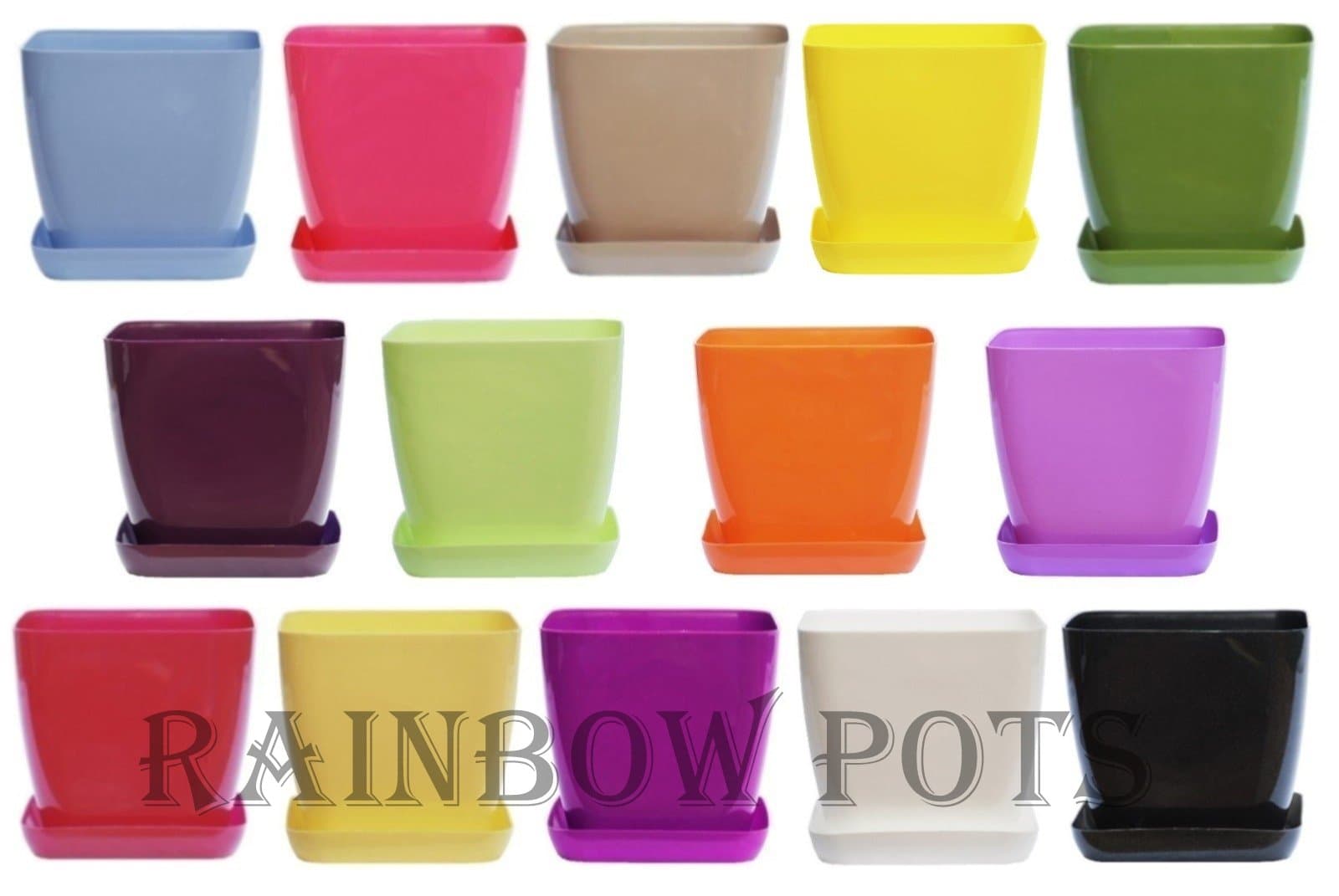 Decor Square Flower Pots 14 Colours and 4 Sizes to Choose Gloss Plastic Plant Pots Planter Saucer (12 cm - 4.7 inch Cappuccino)