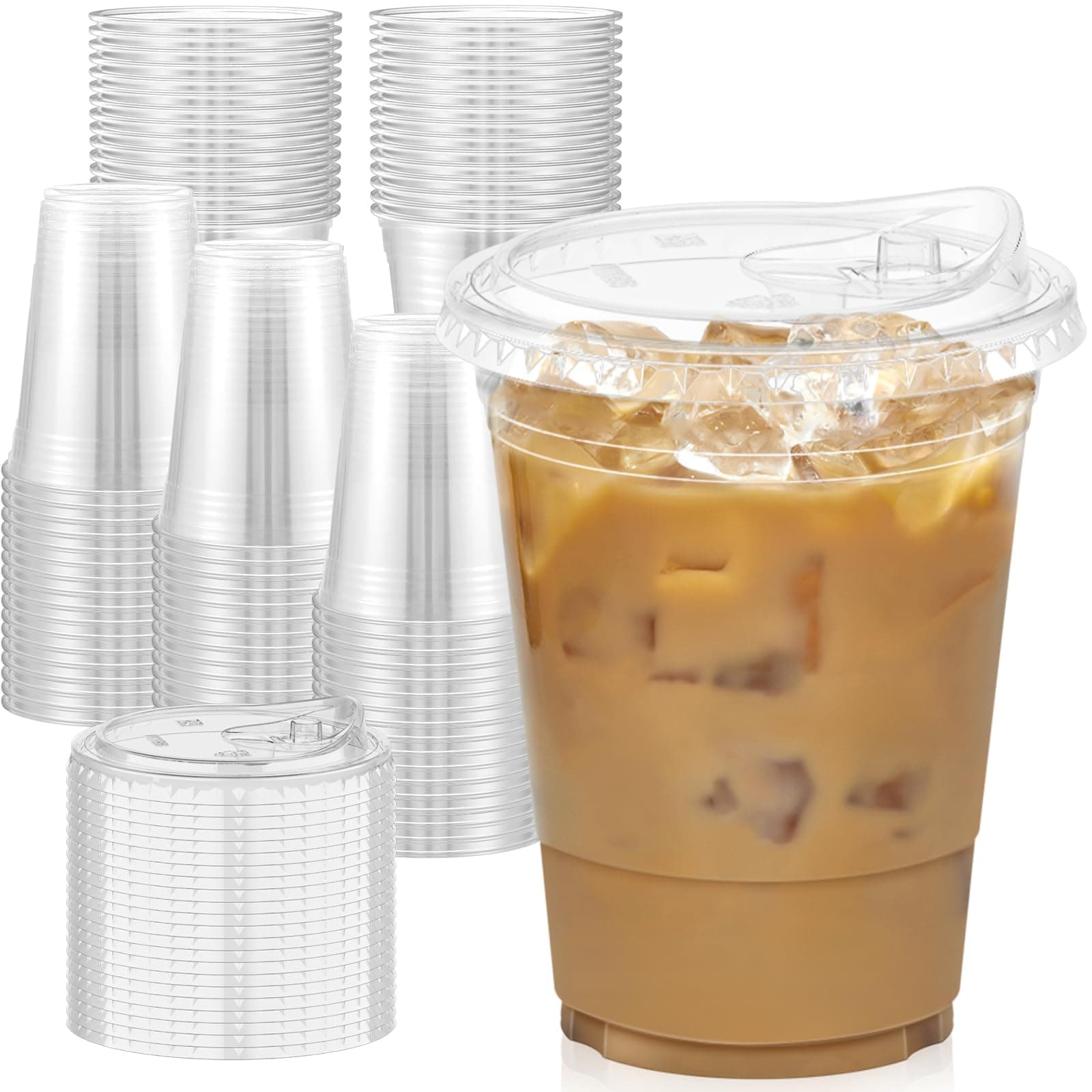 - 100 Pack - 16 oz Clear Plastic Cups with Lids, Sturdy & Food Safe Iced Coffee Cups with lids, Disposable Plastic Smoothie Cups for Cold Drinks, Sip Lids