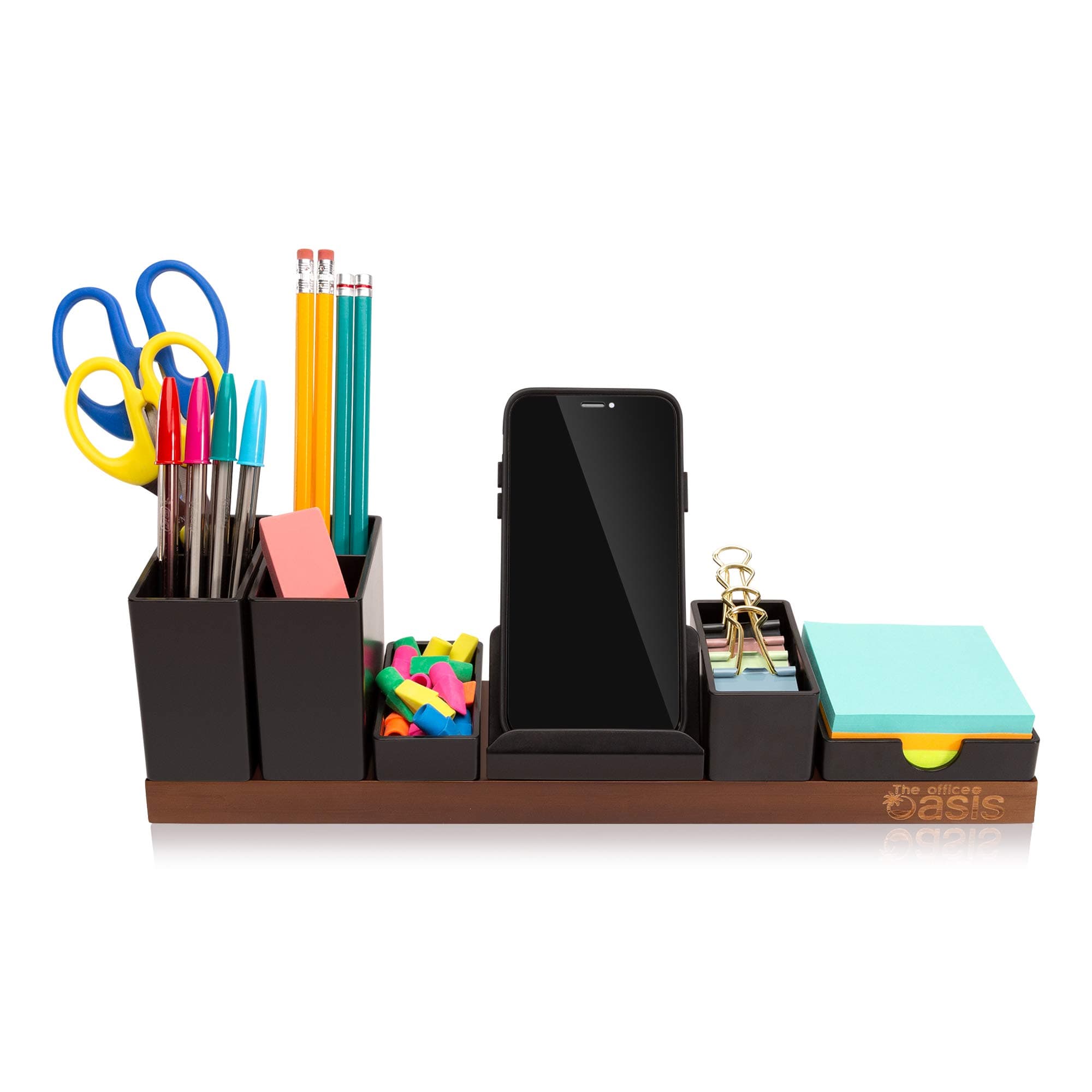 The Original Magnetic Desk Organizer (As Seen On PBS) - Patented Office Supplies Holder with Customizable Trays - Brown Bamboo