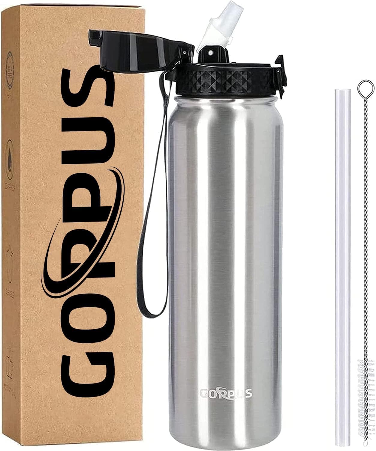 GOPPUS32 oz Sports Water Bottle 1 Liter Double Wall Insulated Stainless Steel Water Bottles with Straw Lid Reusable Leak proof Metal water bottles with Strap Handle(Steel 1 lid)