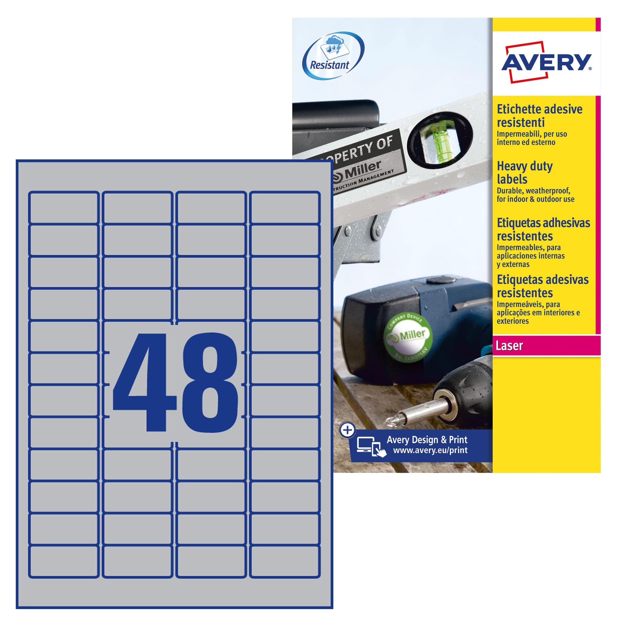 AVERY Zweckform L6009-100 Name Plate Foil Labels (4,800 Stickers, 45.7 x 21.2 mm on A4, Strong Self-Adhesive, Heavy Duty, Weatherproof, Printable Adhesive Film, Blank) 100 Sheets, Silver