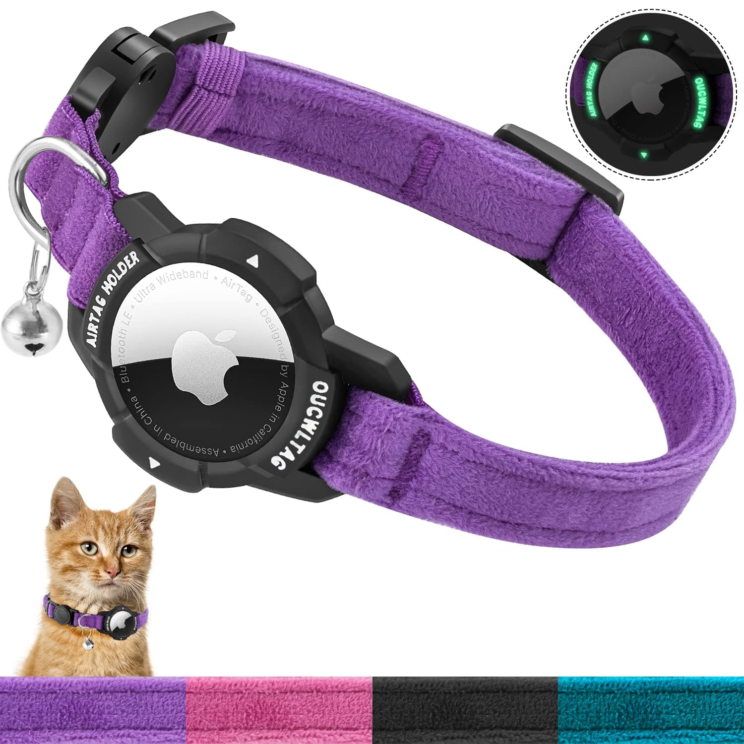Luminous AirTag Cat Collar Breakaway, GPS Cat Collar with Apple Air Tag Holder, Cat Tracker Collars with Safety Elastic Band for Girl Boy Cats, Kittens and Puppies (7-10 Inch, Purple)