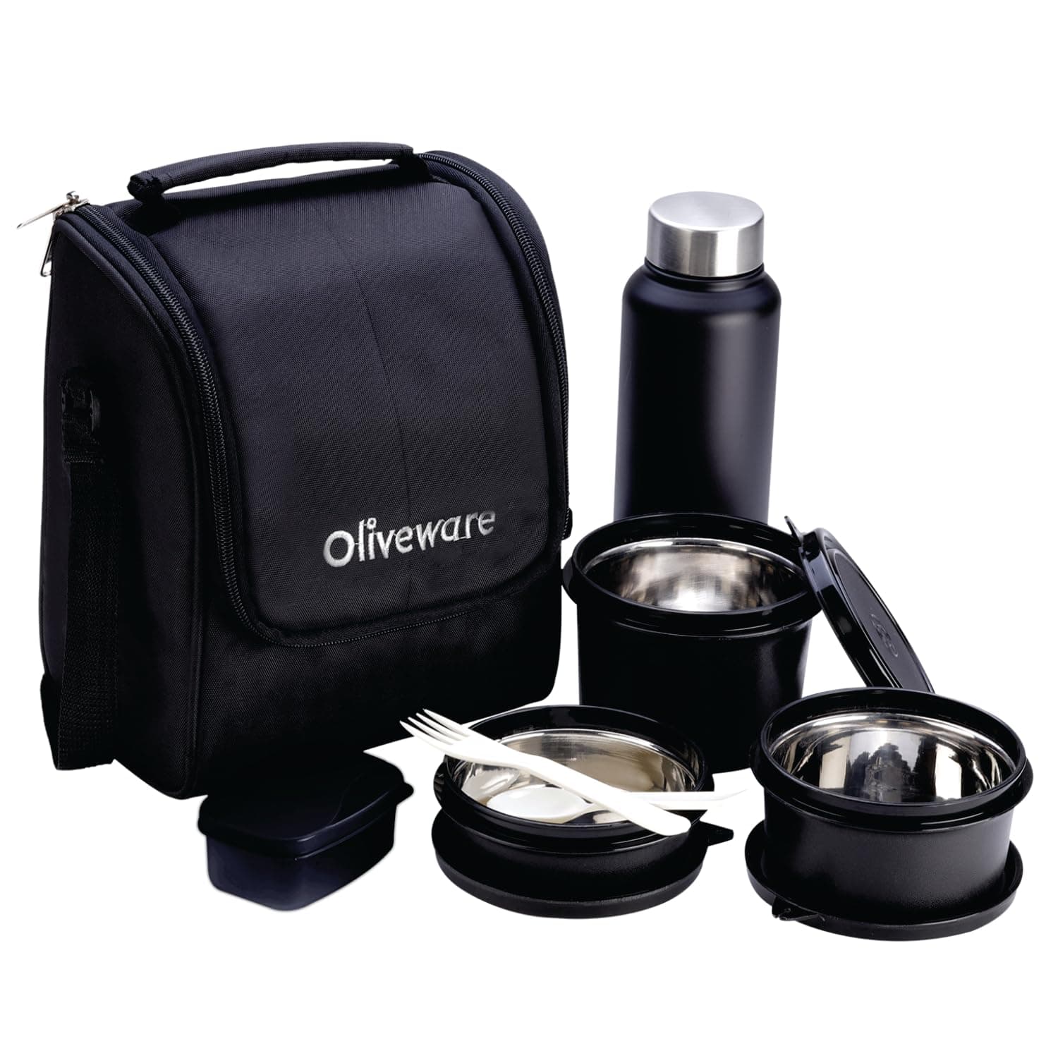 Oliveware Teso Lunch Box with Bottle Black | 3 Stainless Steel Containers and Pickle Box and Assorted Steel Bottle | Insulated Fabric Bag | Leak Proof Microwave Safe | Full Meal and Easy to Carry