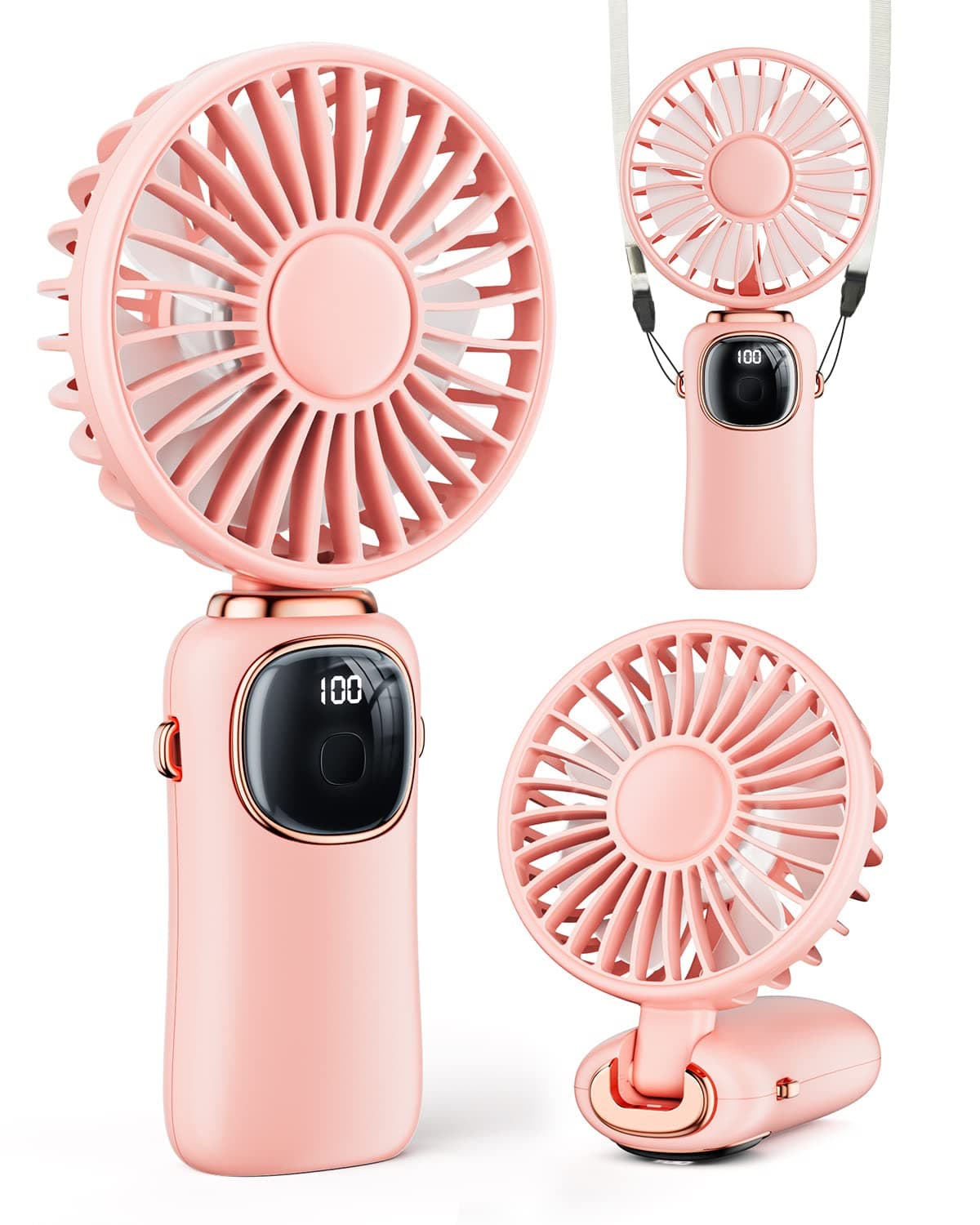 ColdSky Portable Handheld Fan, 4000mAh Battery Operated With LED Display, 3-in-1 Neck/Desk Personal Fan, 90° Foldable With Base, 5 Speed for Lash Makeup, 3 Inches