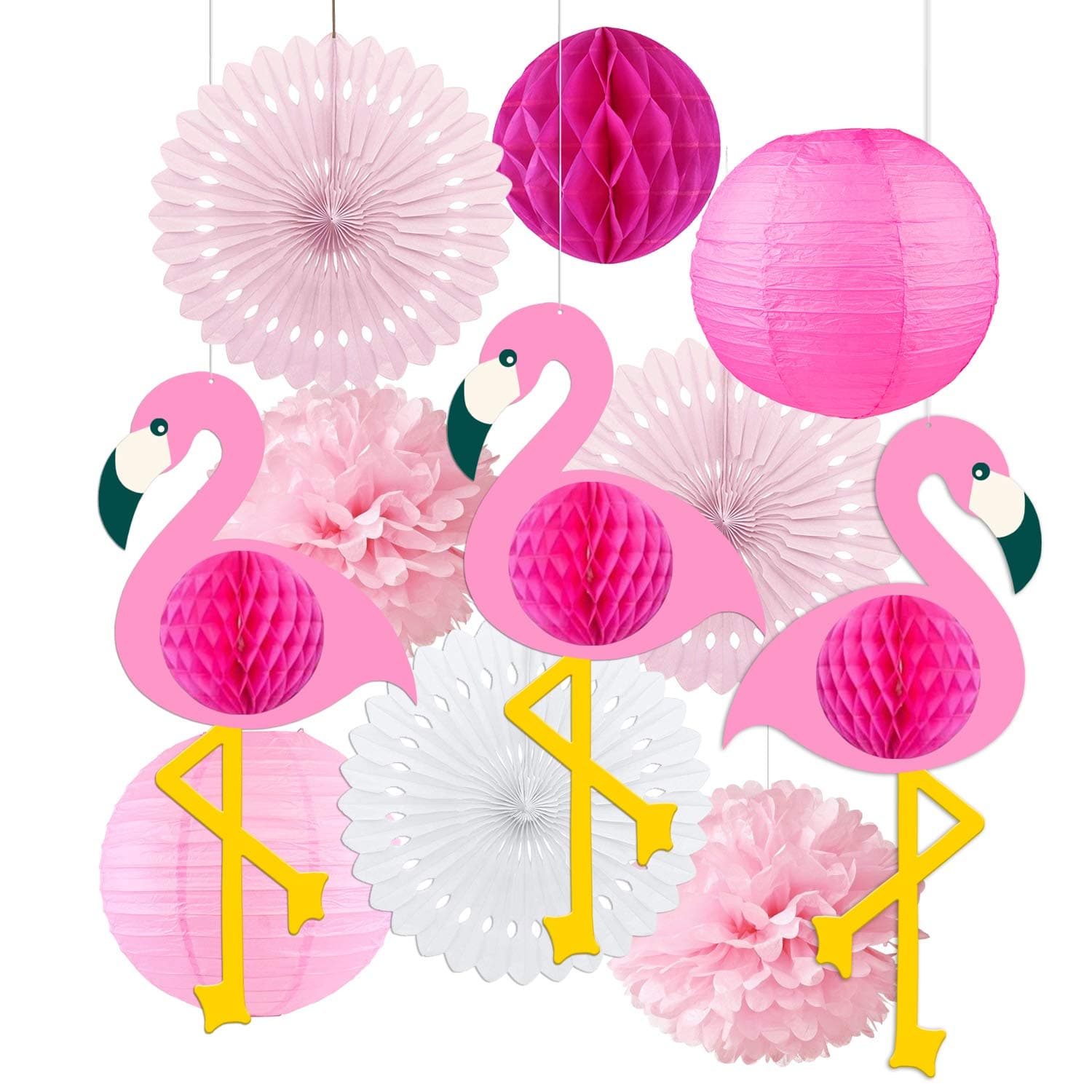 Flamingo Party Decorations, 11PCS Hawaiian Party Supplies Hanging Paper Lanterns Flamingo Honeycomb Tissue Paper Fans for Luau Beach Summer Party Home Decoration Party