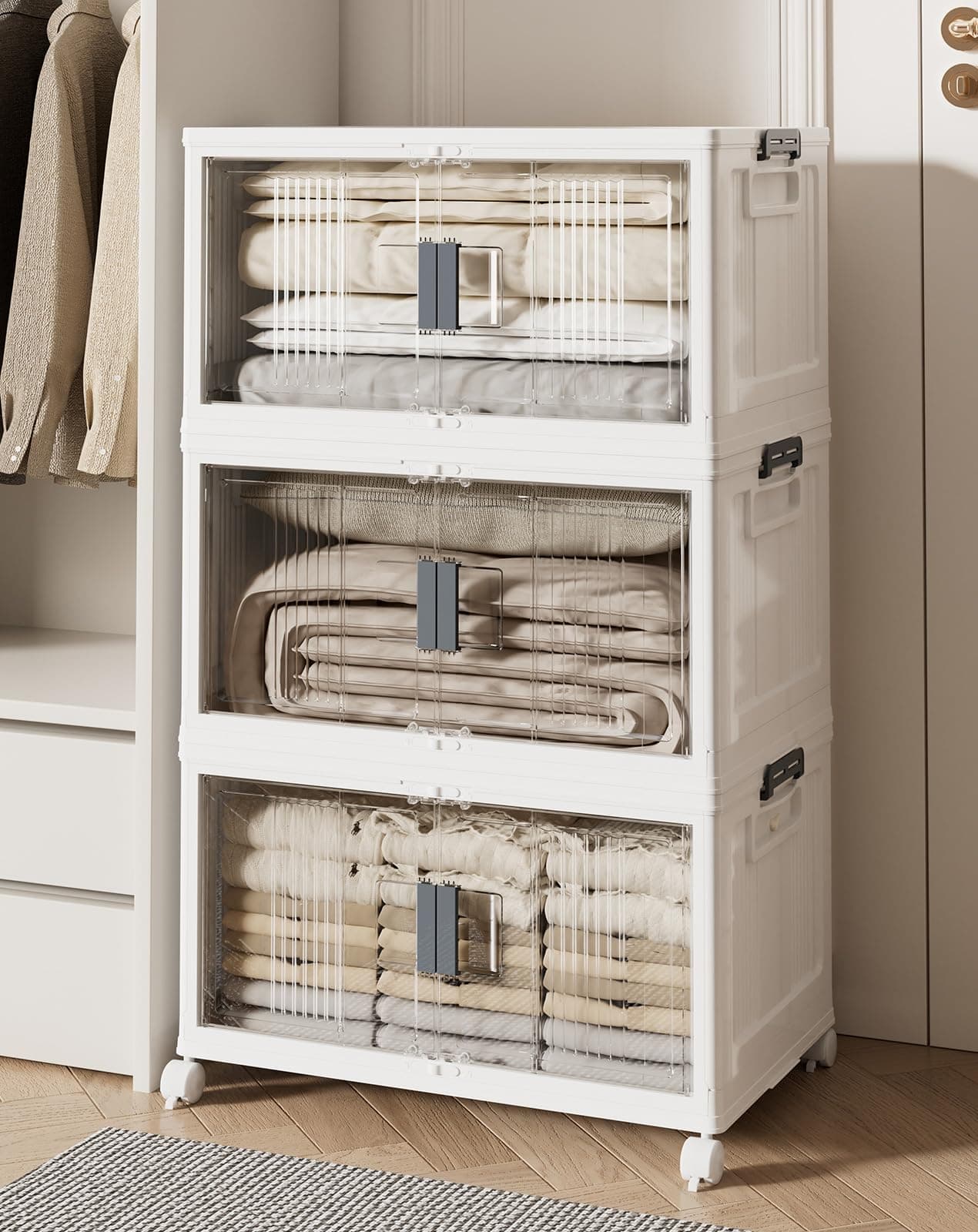 OlarHike 76QT Lockable Storage Bins with Lids - Folding Storage box with Doors and Wheels, Collapsible Plastic Bins for Closets, Office, Stackable Organizer and Containers, Gifts, 3 Pack Cubes