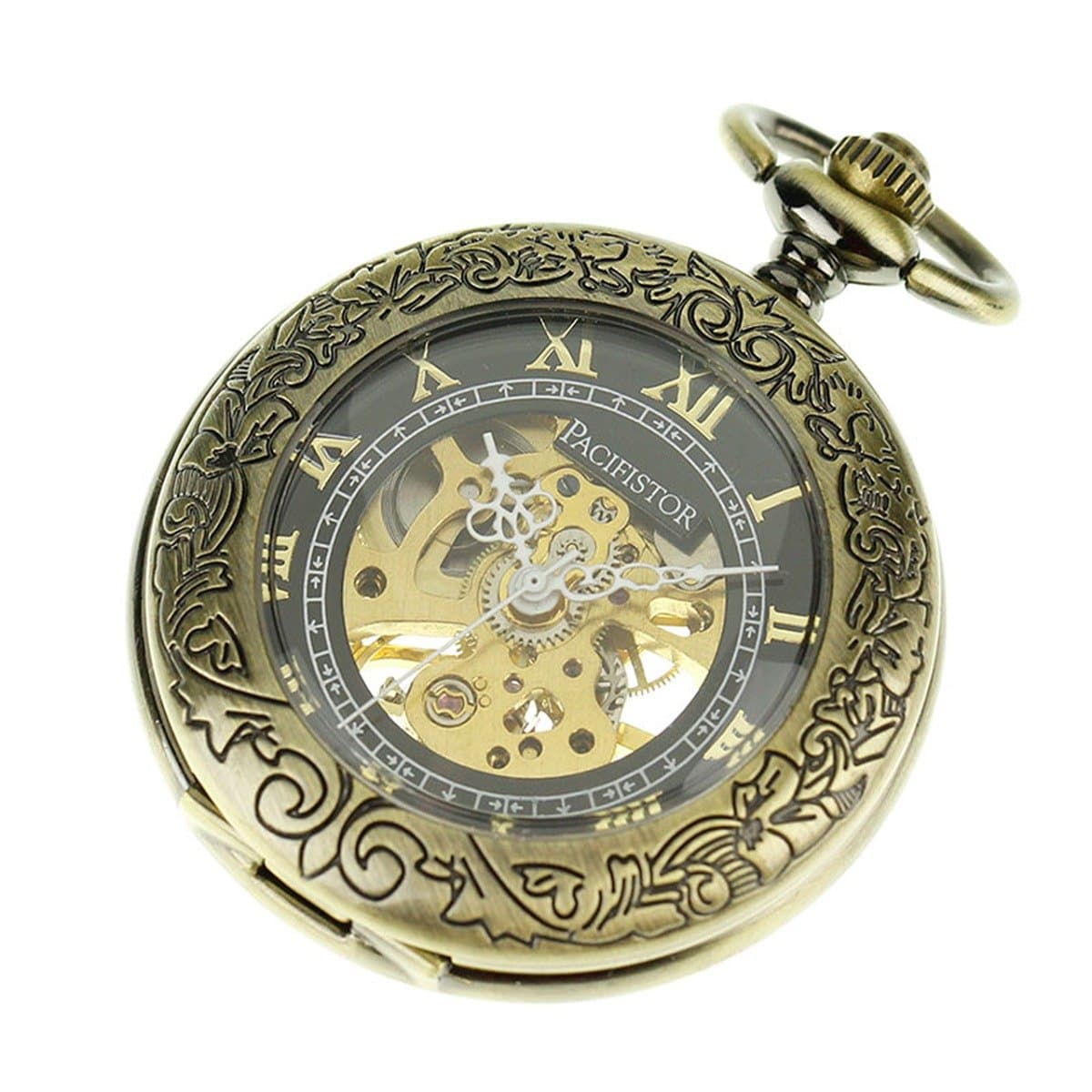 PACIFISTOR Gentleman's Hand Wind Up Skeleton Mechanical Brass Analog Pocket Watch with Fob Chain