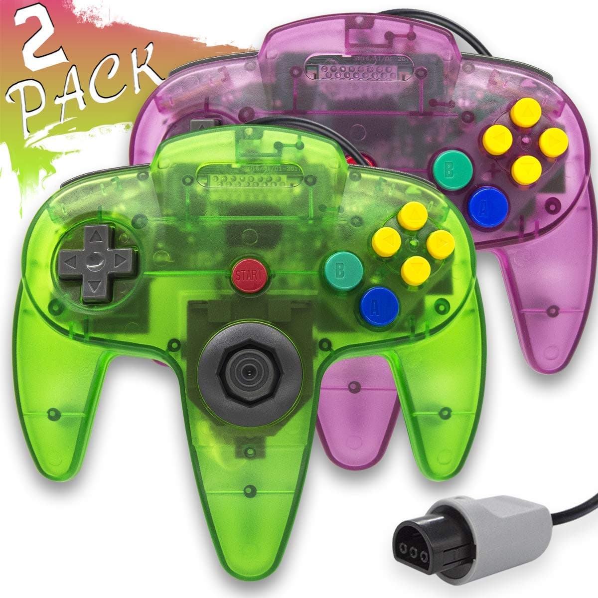 Wired Controller for Nintendo 64 N64 Console, Upgraded Joystick Classic Video Game Gamepad(Clear Green and Clear Purple,Pack of 2)